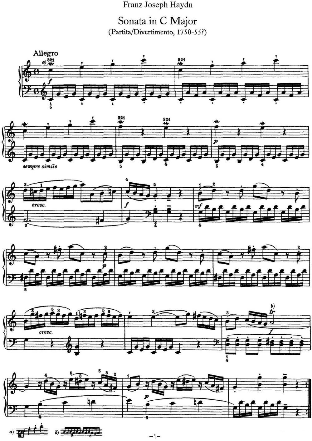 海顿 钢琴奏鸣曲 Hob XVI 1 Divertimento C major钢琴曲谱（图1）