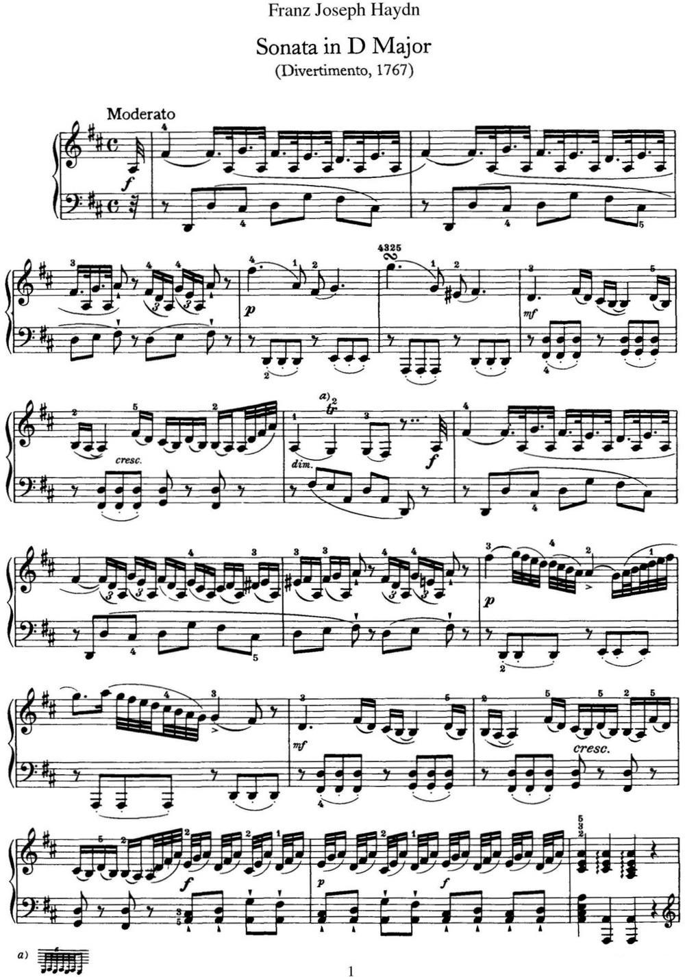 海顿 钢琴奏鸣曲 Hob XVI 19 Divertimento D major钢琴曲谱（图1）
