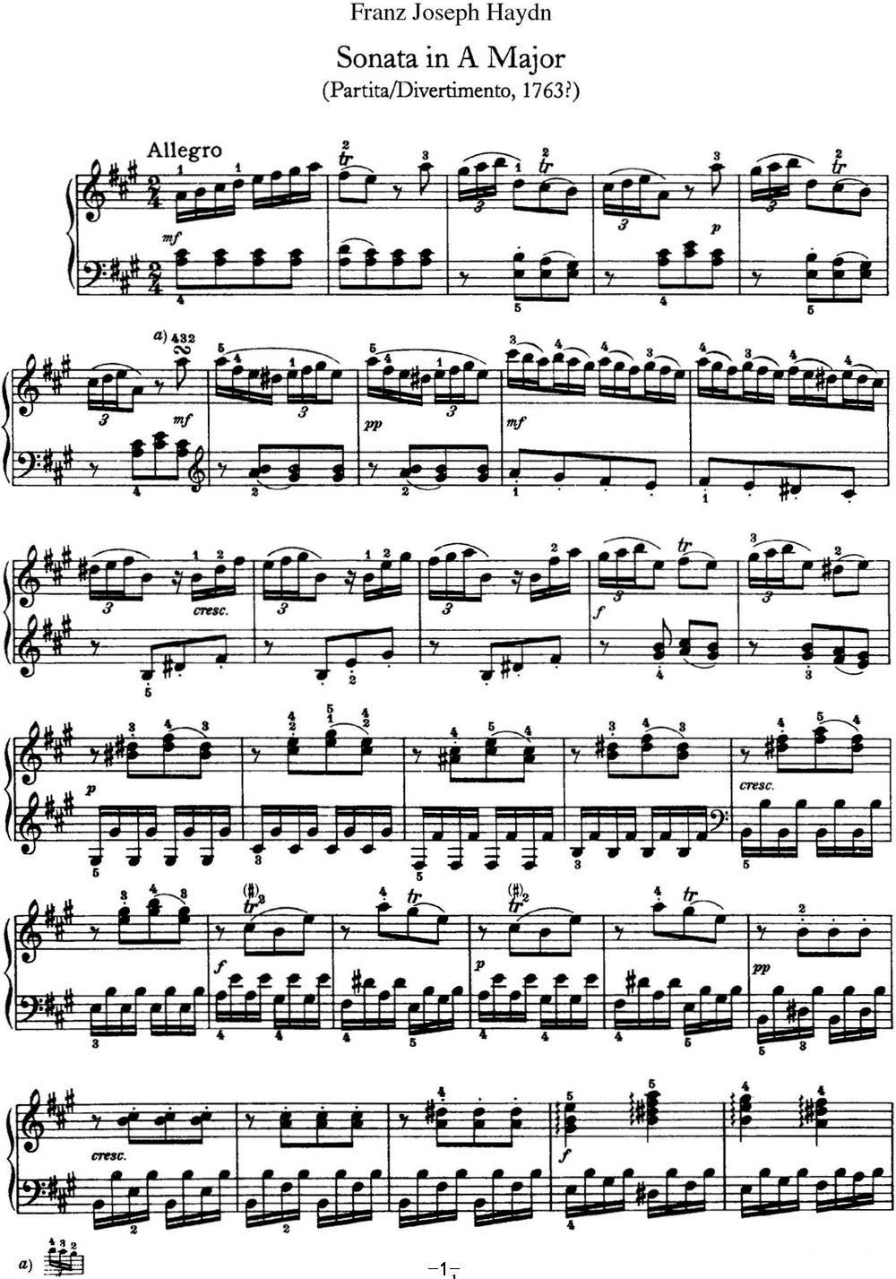 海顿 钢琴奏鸣曲 Hob XVI 5 Divertimento A major钢琴曲谱（图1）