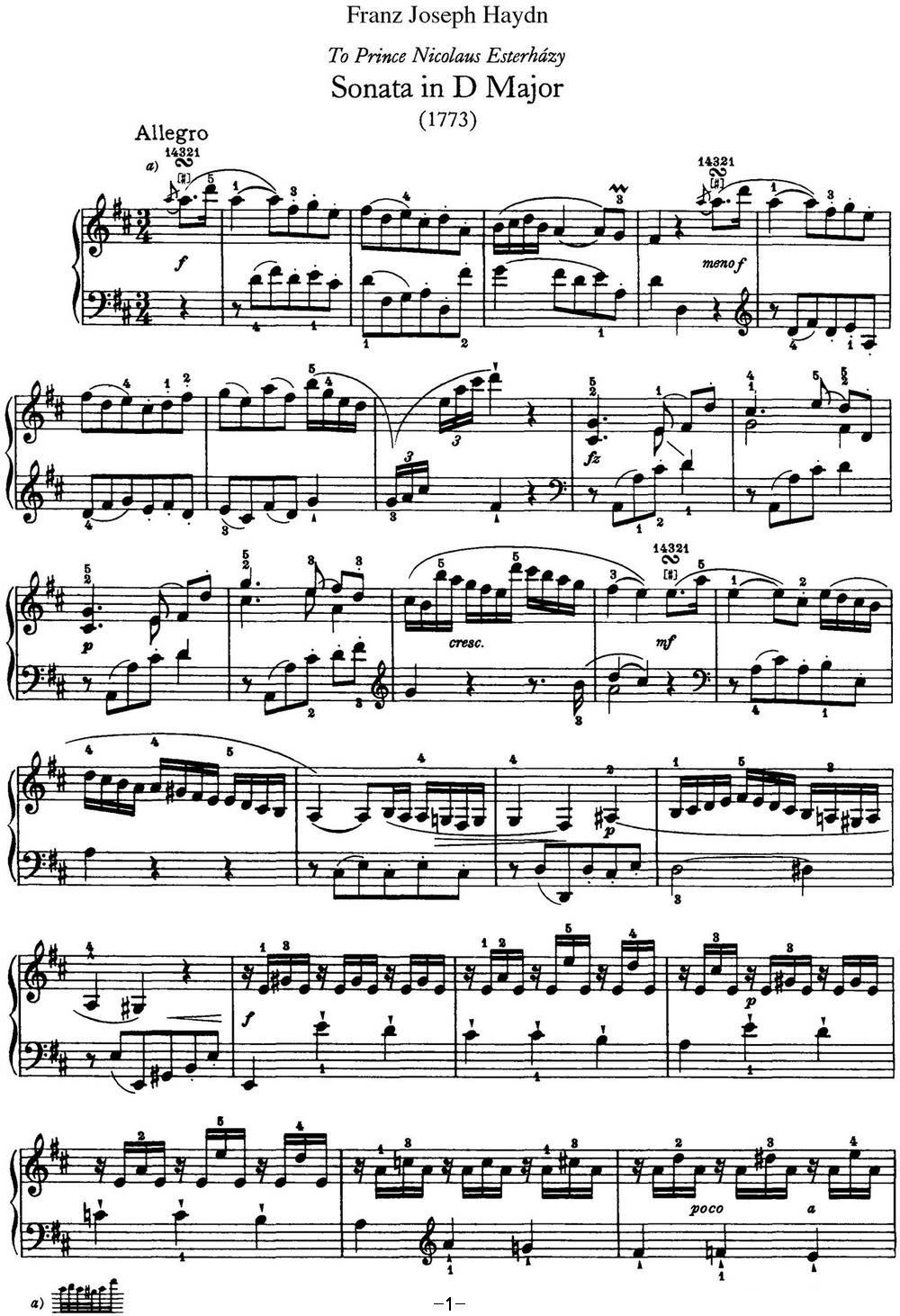 海顿 钢琴奏鸣曲 Hob XVI 24 in D major钢琴曲谱（图1）