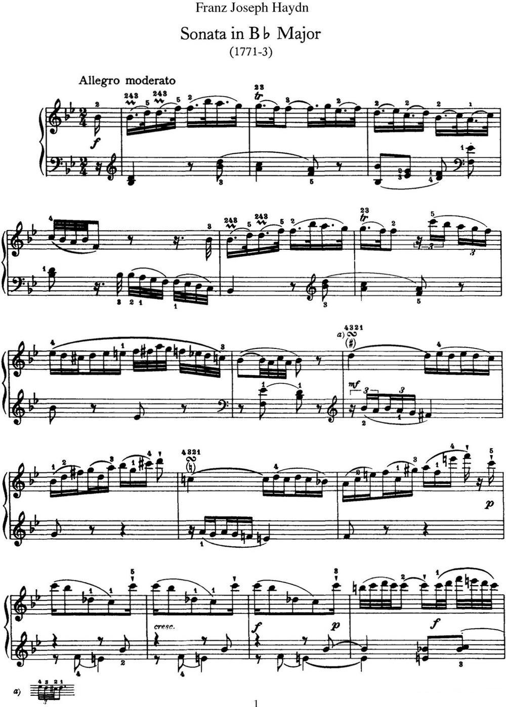 海顿 钢琴奏鸣曲 Hob XVI 18 in B-flat major钢琴曲谱（图1）
