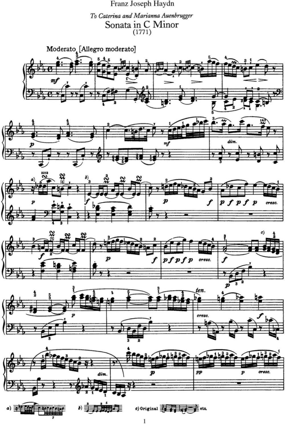 海顿 钢琴奏鸣曲 Hob XVI 20 in C minor钢琴曲谱（图1）