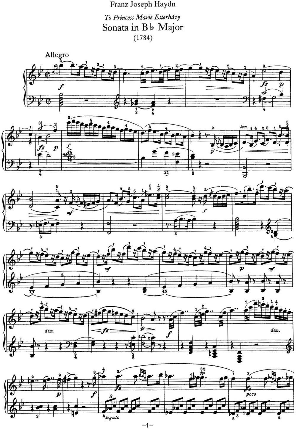 海顿 钢琴奏鸣曲 Hob XVI 41 in B-flat major钢琴曲谱（图1）