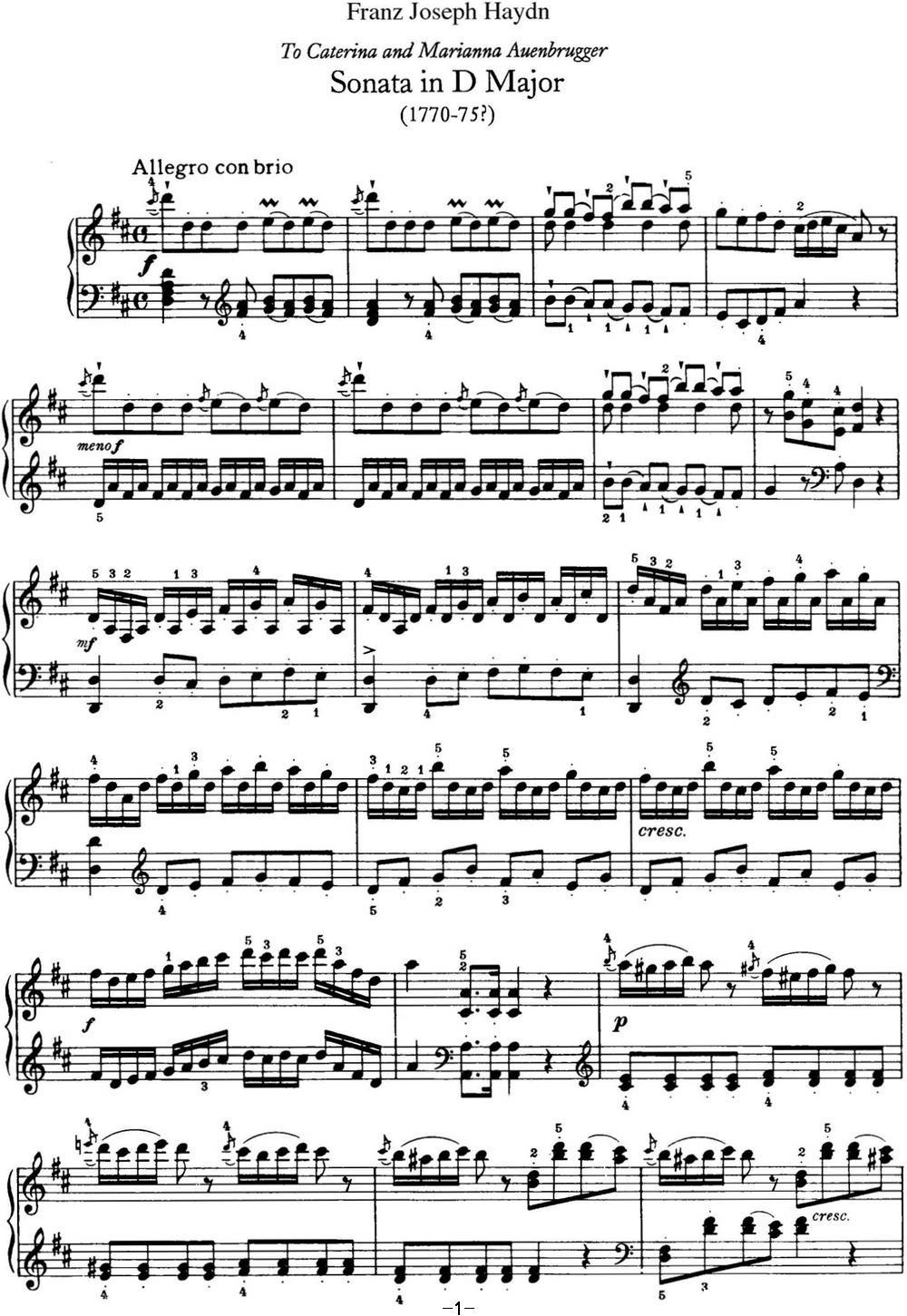 海顿 钢琴奏鸣曲 Hob XVI 37 in D major钢琴曲谱（图1）
