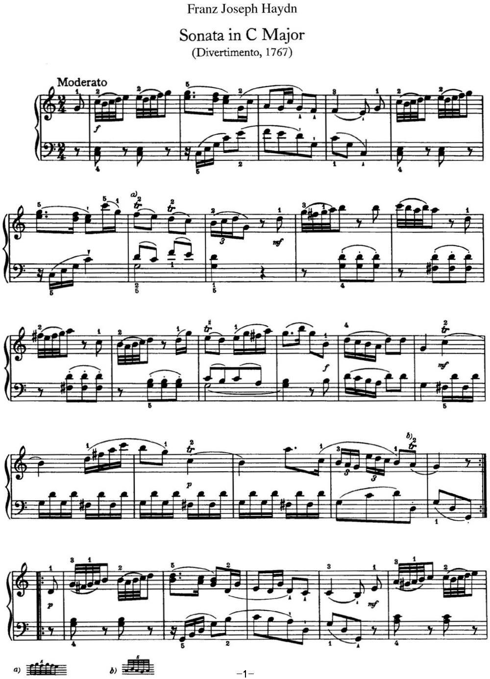 海顿 钢琴奏鸣曲 Hob XVI 10 Divertimento C major钢琴曲谱（图1）
