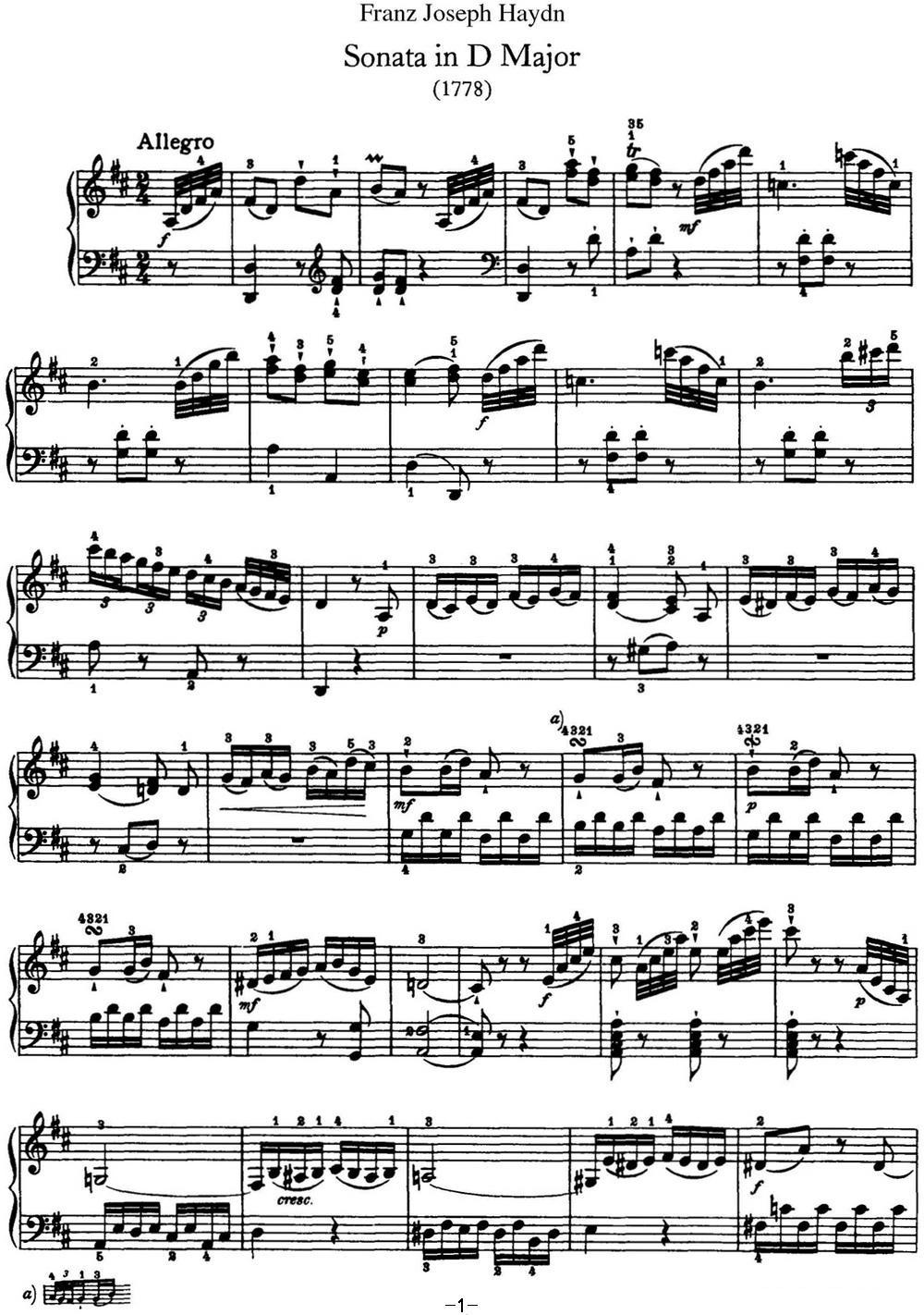海顿 钢琴奏鸣曲 Hob XVI 33 in D major钢琴曲谱（图1）