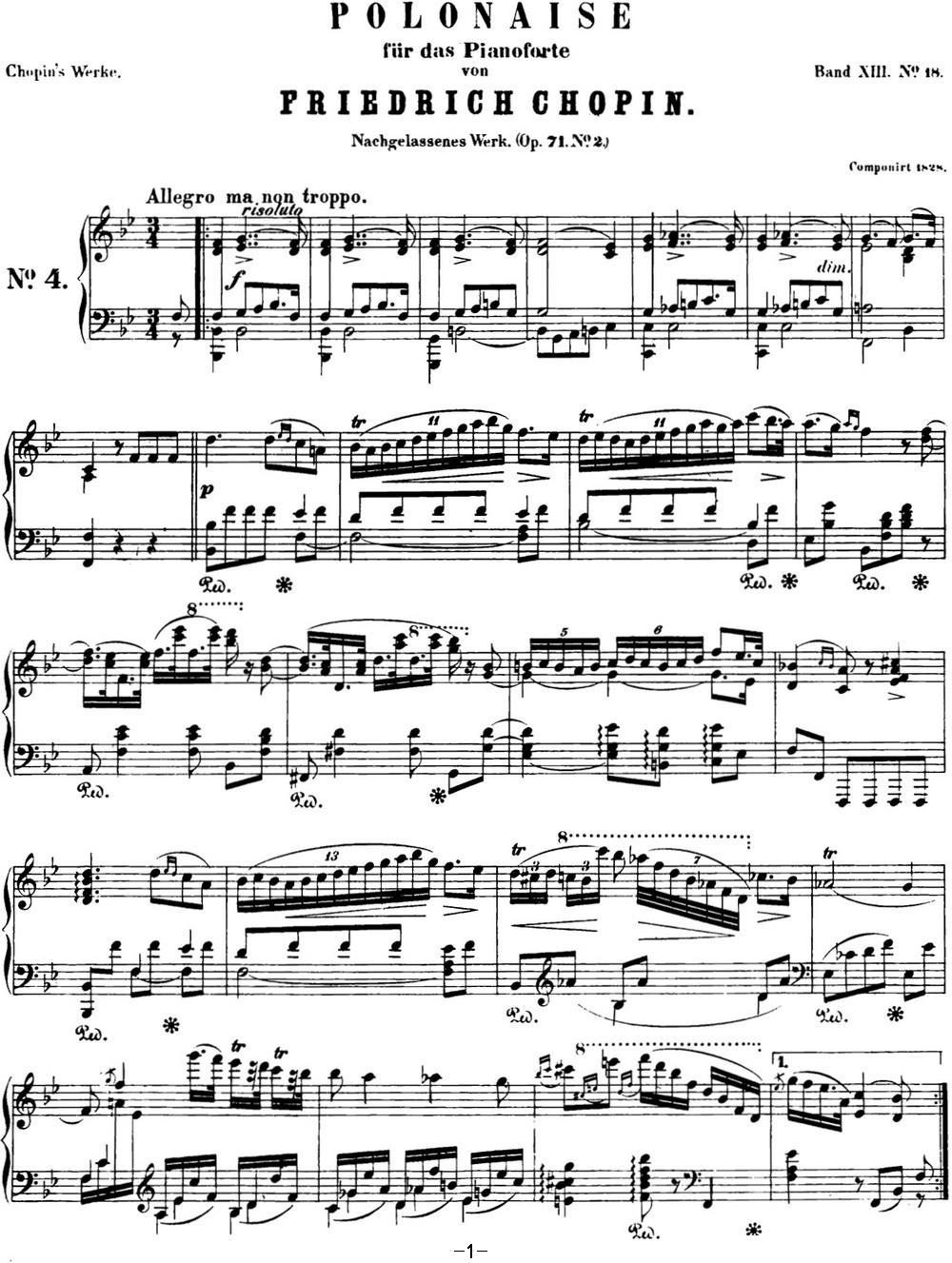 肖邦 波兰舞曲 Op.posth.71 No.2 降B大调钢琴曲谱（图1）