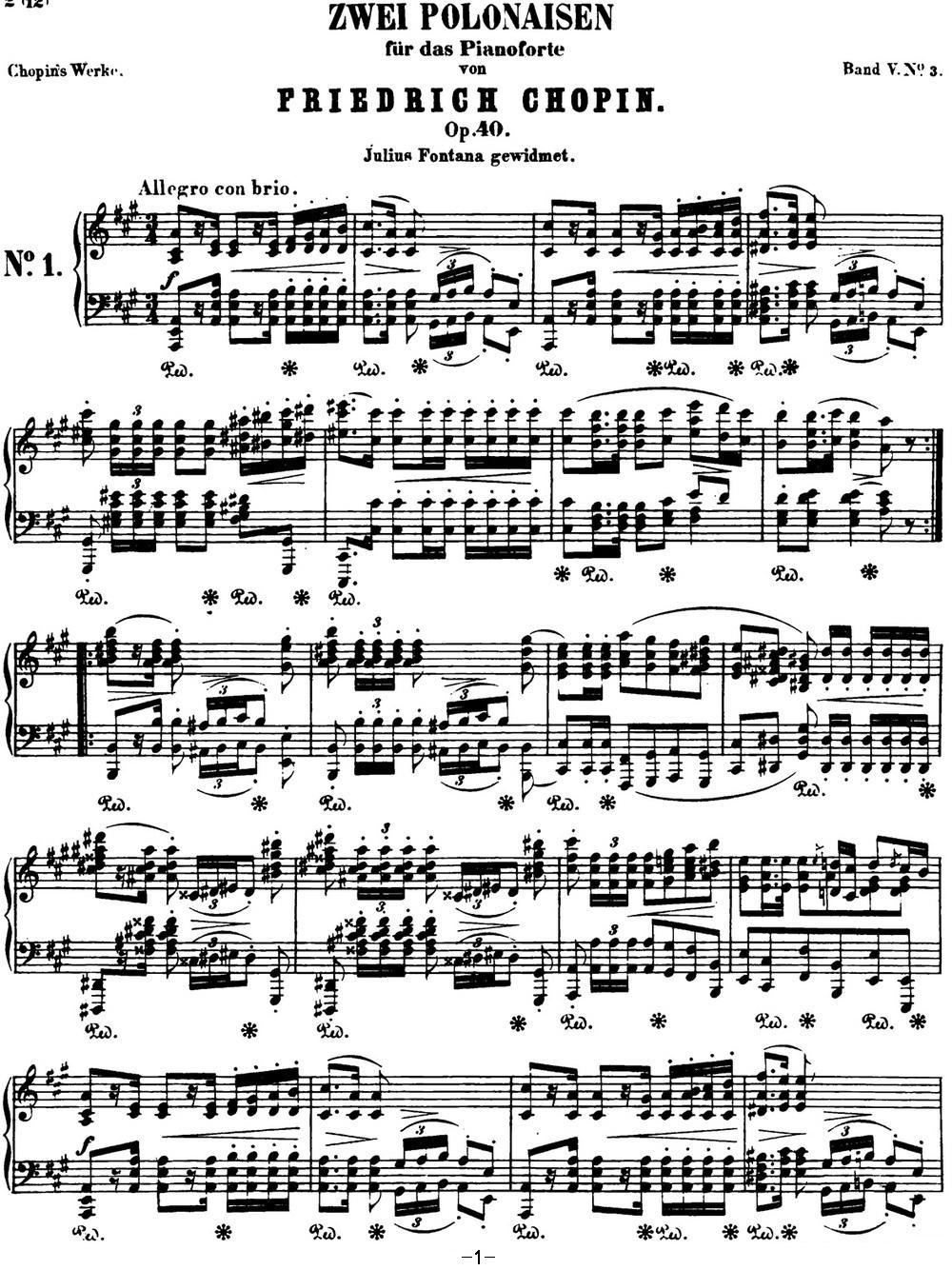 肖邦 波兰舞曲 军队 Op.40 No.1 A大调 Polonaise钢琴曲谱（图1）