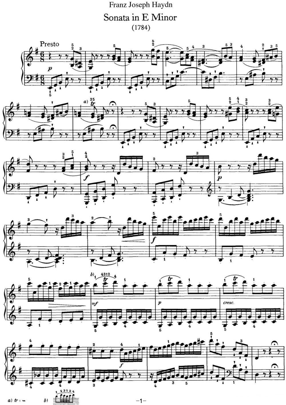 海顿 钢琴奏鸣曲 Hob XVI 34 in E minor钢琴曲谱（图1）