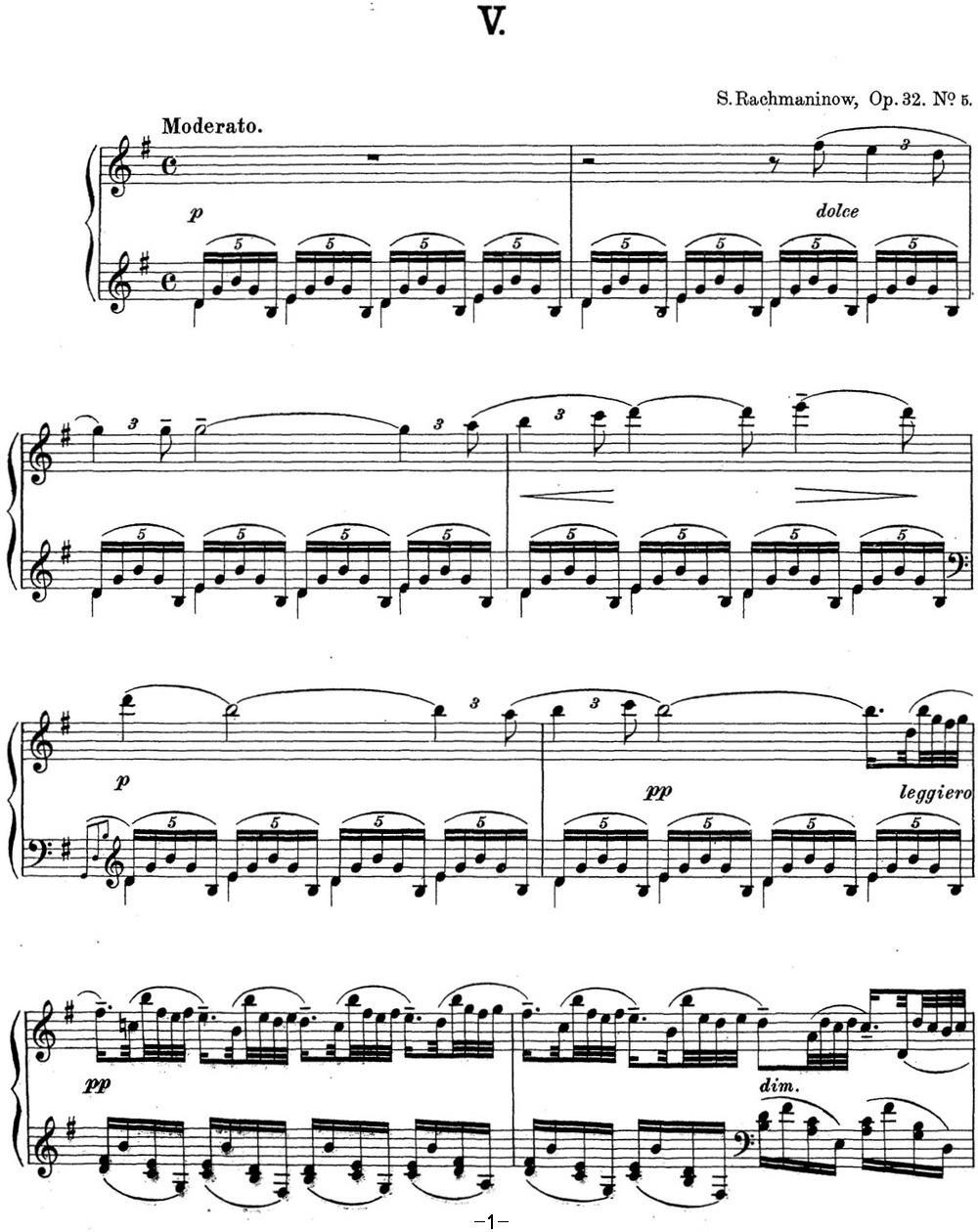 拉赫玛尼诺夫 钢琴前奏曲16 G大调 Op.32 No.5钢琴曲谱（图1）