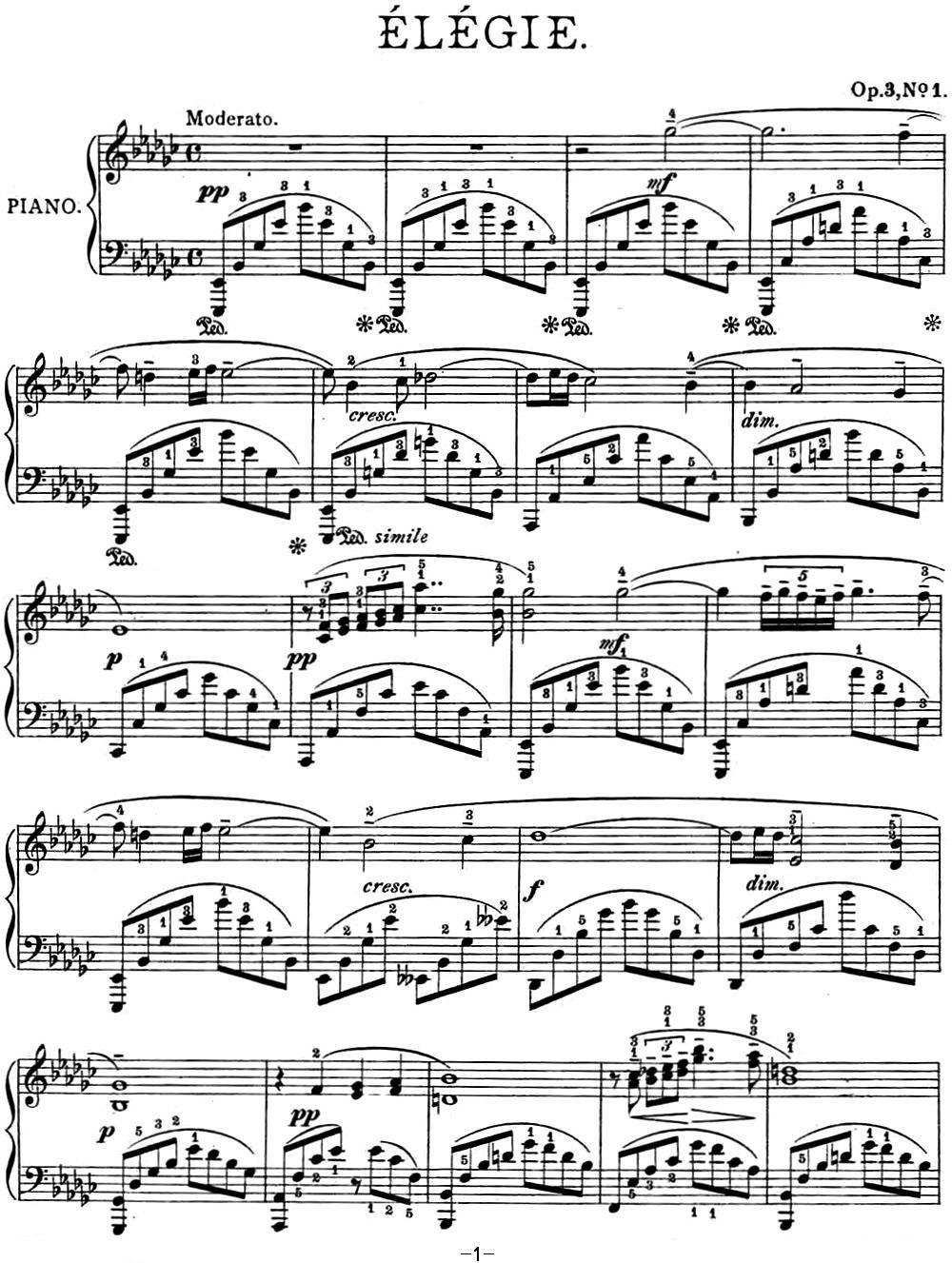 拉赫玛尼诺夫 幻想小品集 Op.3 No.1 悲歌 降e小调钢琴曲谱（图1）