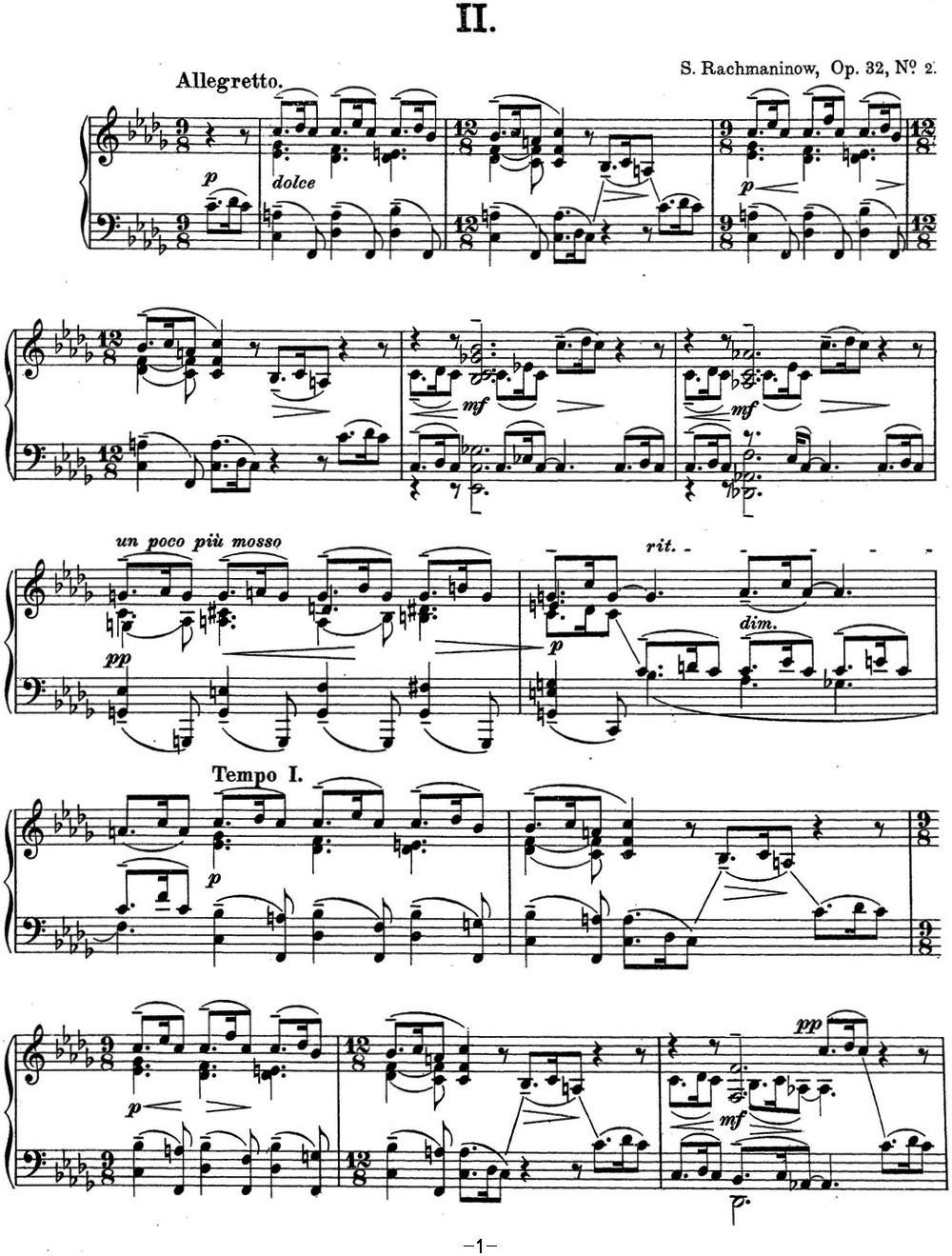 拉赫玛尼诺夫 钢琴前奏曲13 降B小调 Op.32 No.2钢琴曲谱（图1）