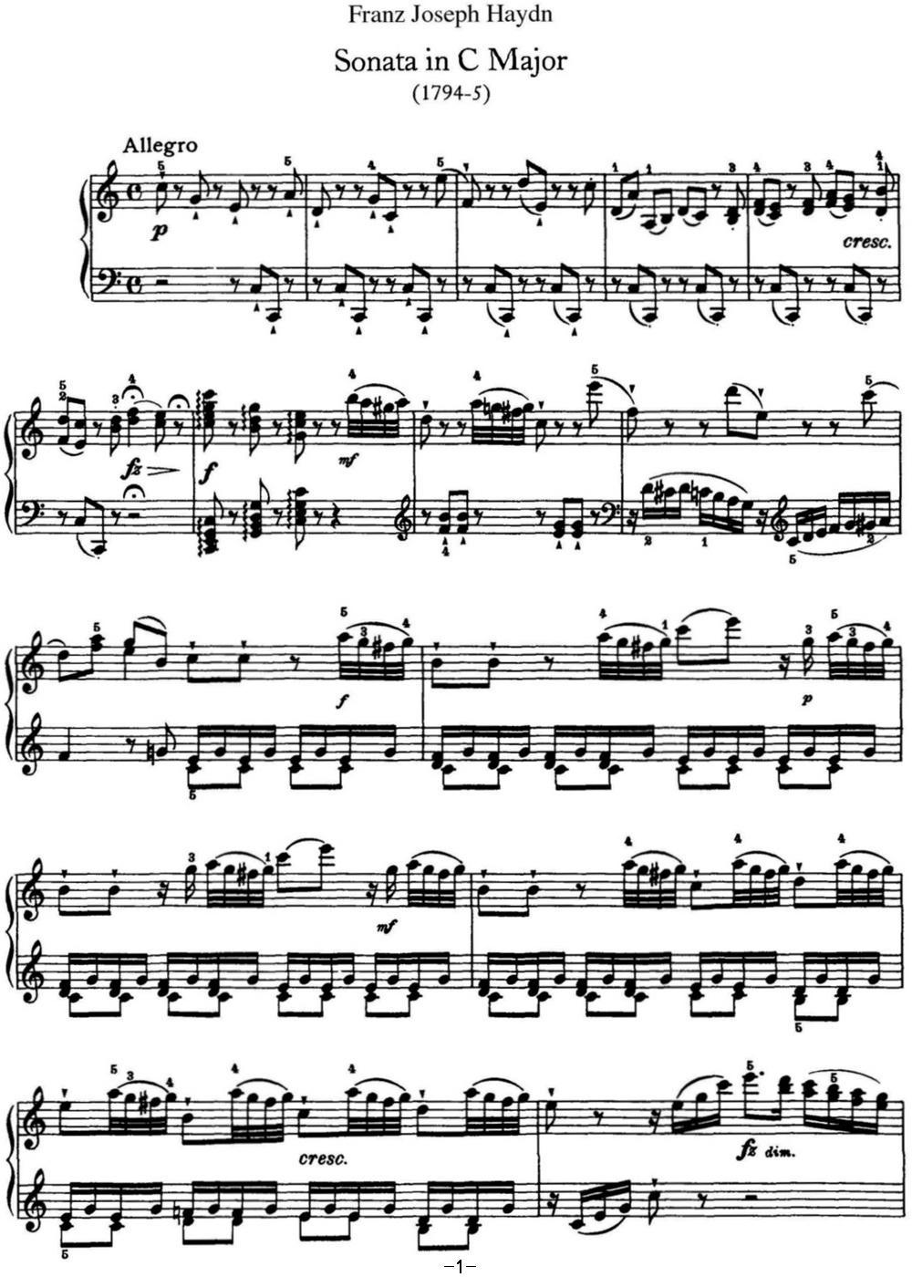 海顿 钢琴奏鸣曲 Hob XVI 50 in C major钢琴曲谱（图1）