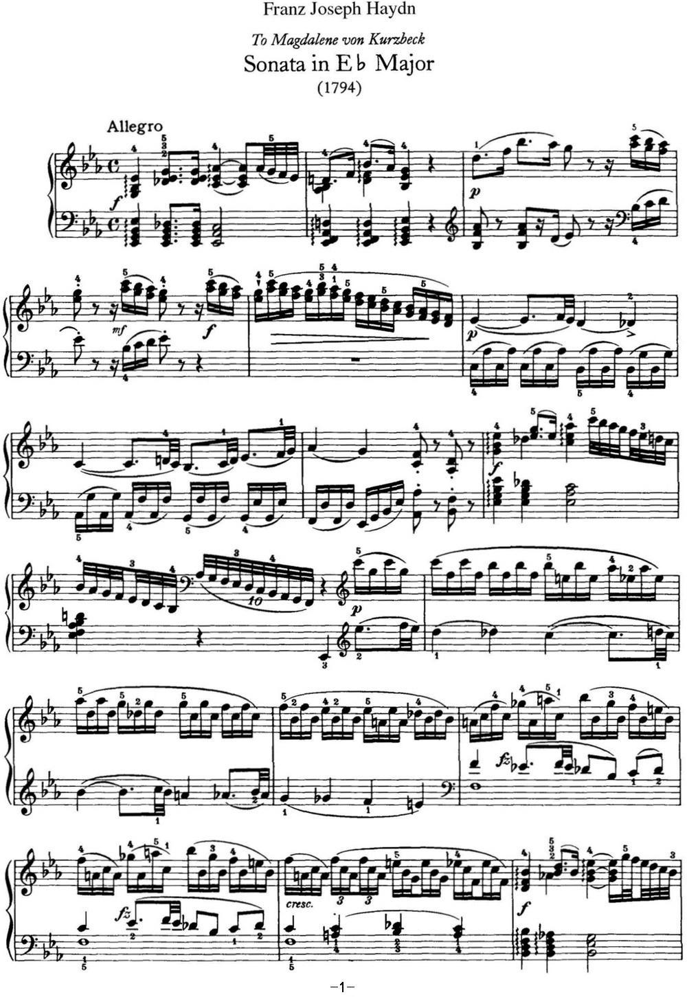 海顿 钢琴奏鸣曲 Hob XVI 52 in E-flat major钢琴曲谱（图1）