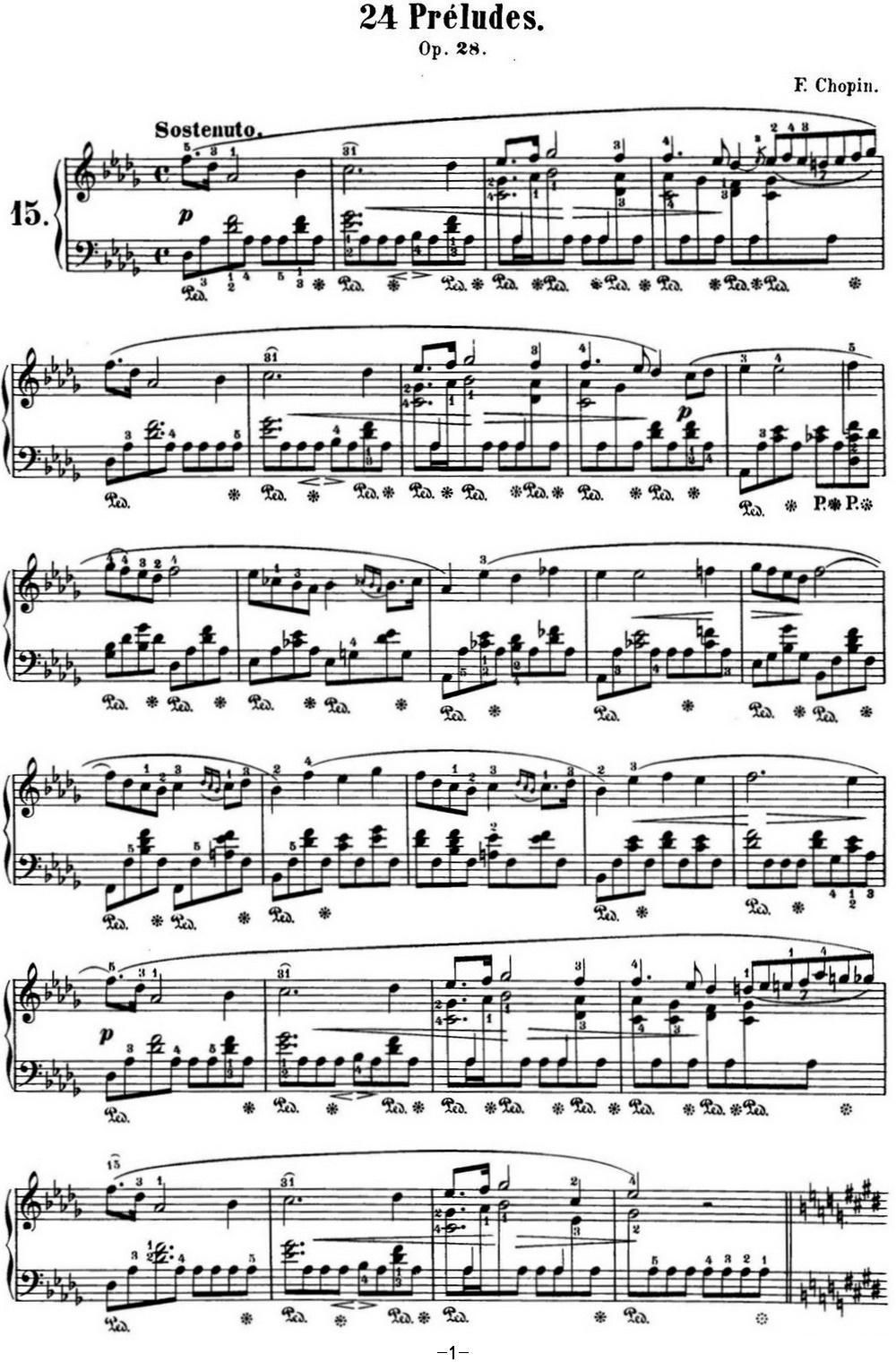肖邦 24首钢琴前奏曲 Op.28 No.15 降D大调 雨滴钢琴曲谱（图1）