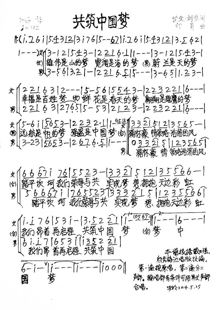 共筑中国梦  男女二声部合唱谱合唱曲谱（图1）