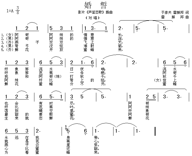 芦笙恋歌插曲：婚誓简谱（图1）