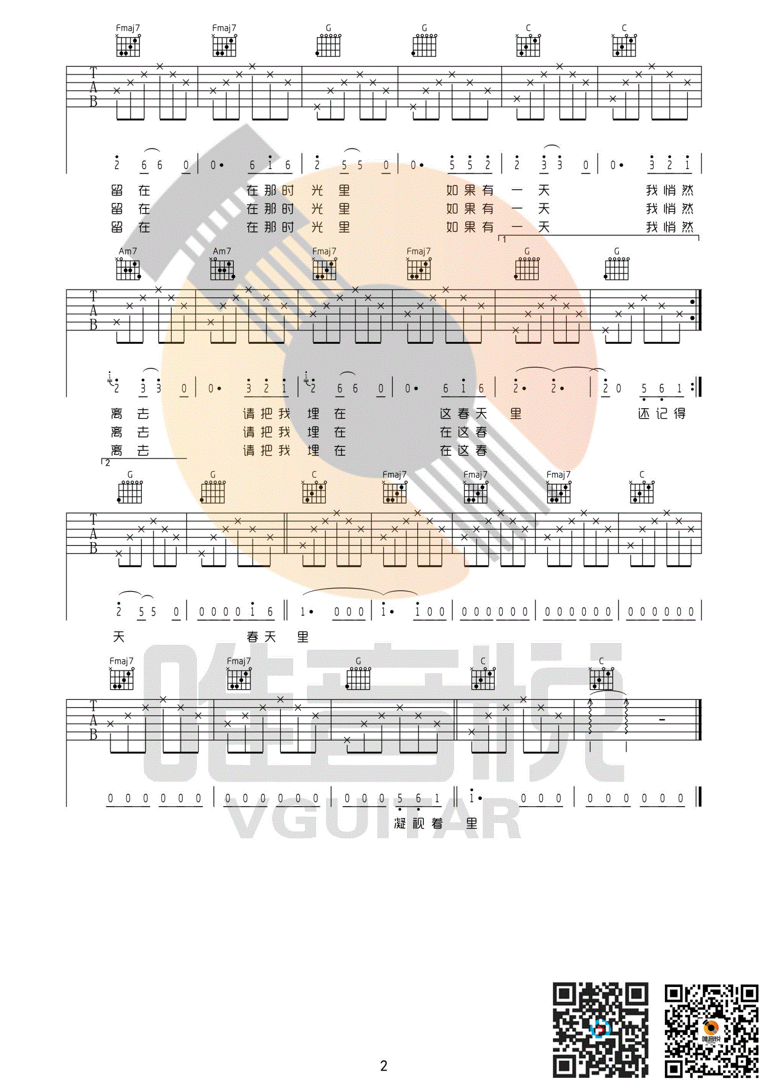 春天里 汪峰 C调简单版吉他谱（图2）