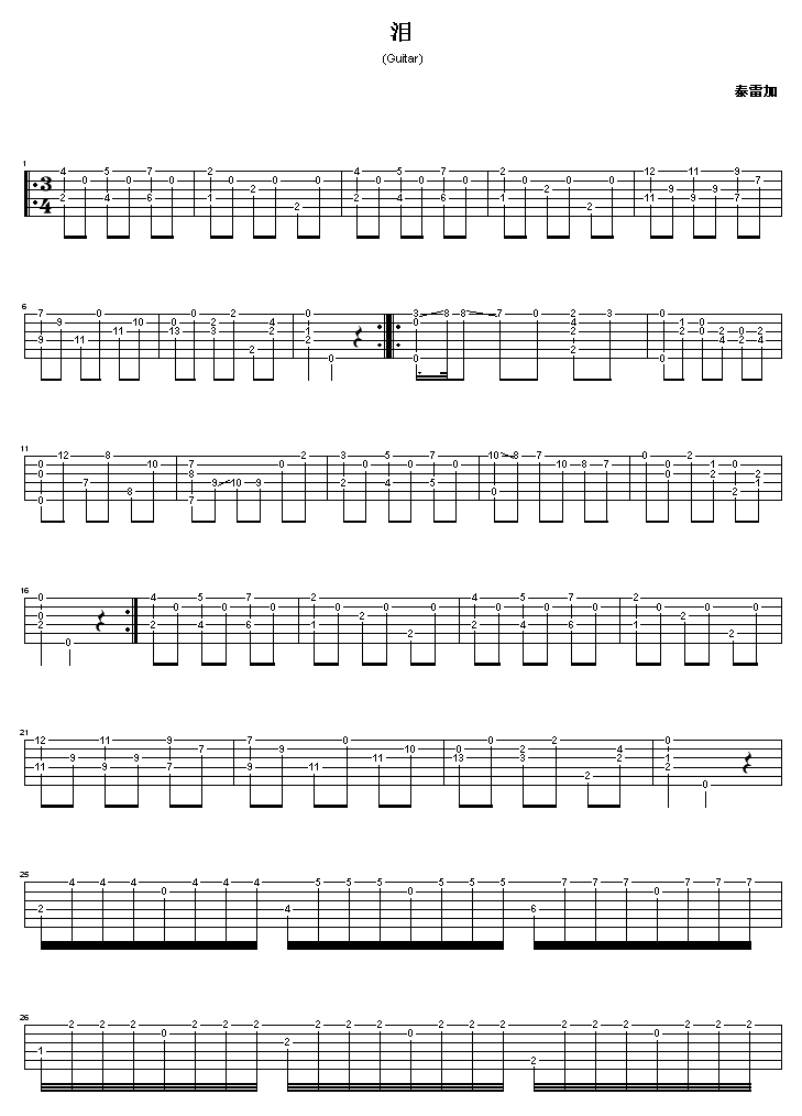 泪-轮指版吉他谱( GTP 六线谱)吉他谱（图1）