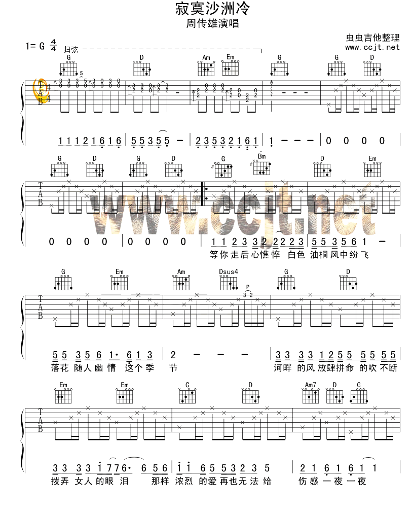 寂寞沙洲冷吉他谱(和弦 六线谱)-吉他谱（图1）