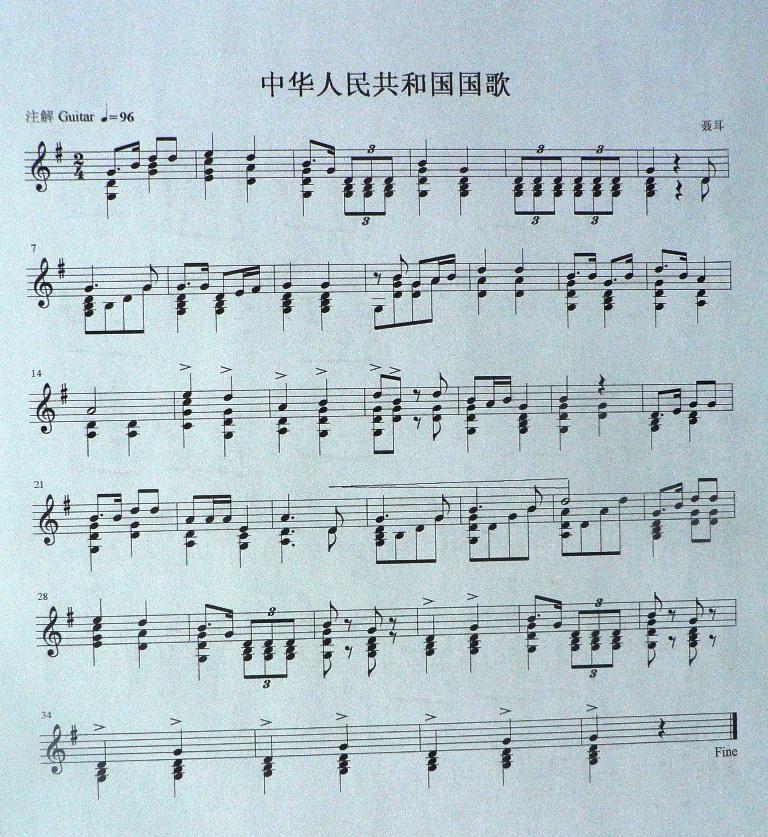 中华人民共和国国歌独奏曲（五线谱）吉他谱（图1）