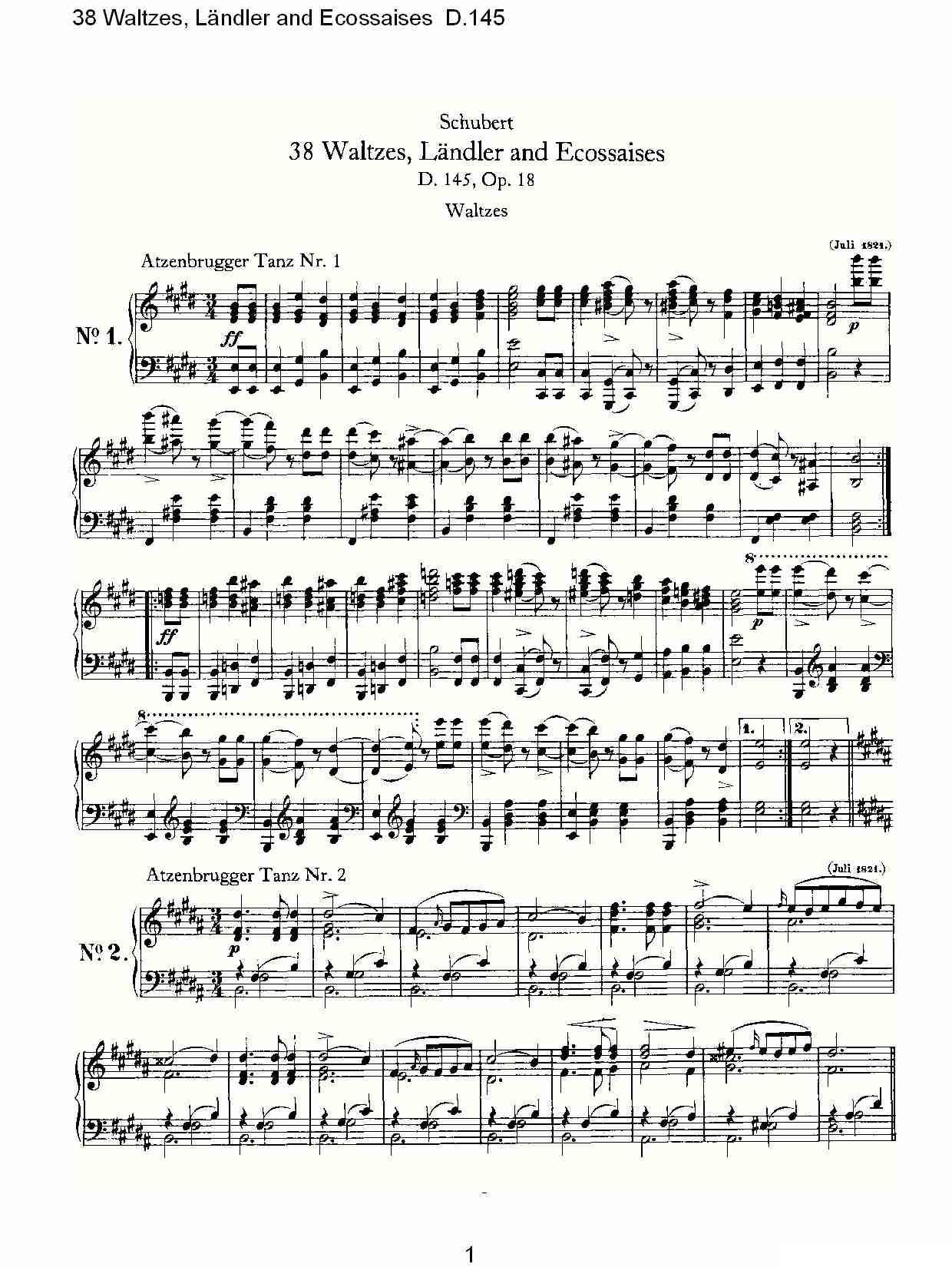 38华尔兹舞曲, L?ndler and Ecossaises D.145其它曲谱（图1）