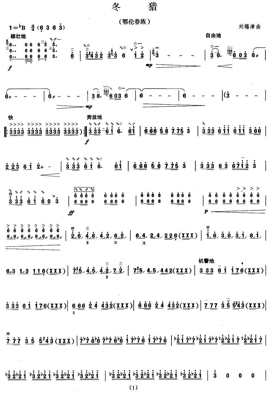 柳琴考级曲目七级：冬猎（鄂伦春族）其它曲谱（图1）