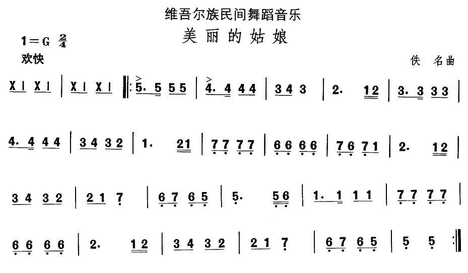 中国民族民间舞曲选（十)维吾尔族舞蹈：美丽的姑）其它曲谱（图1）