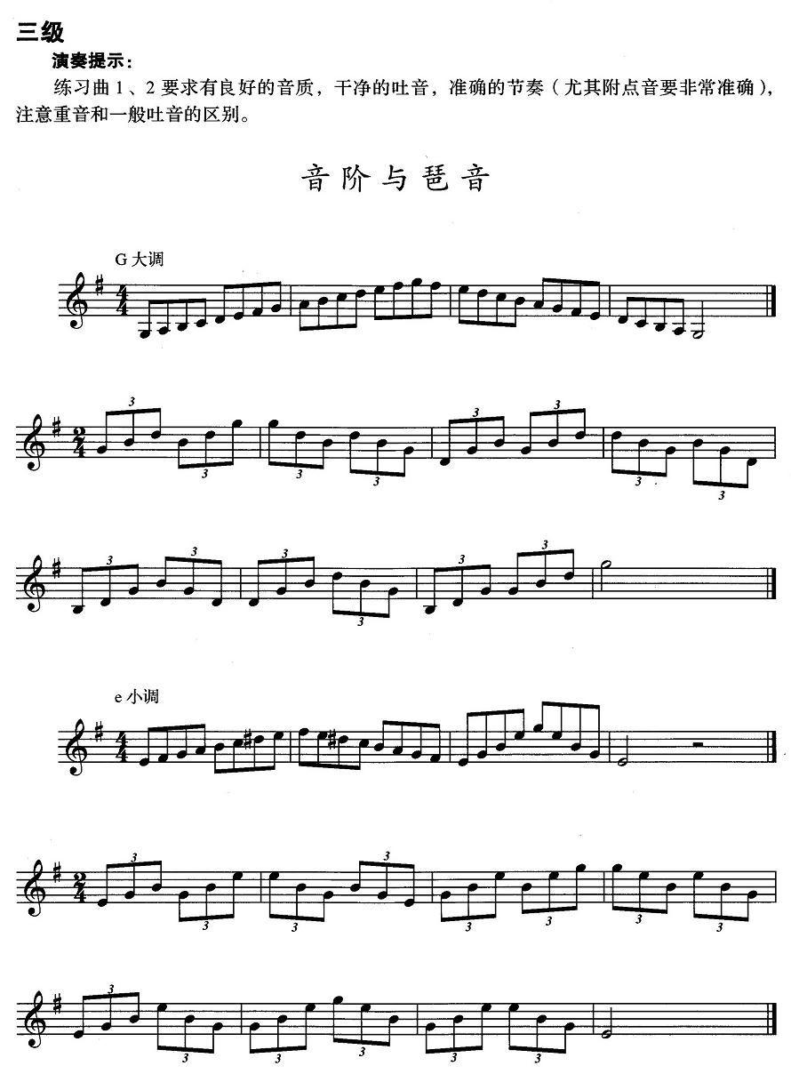 小号考级三级：音阶与琶音（G大调、e小调）其它曲谱（图1）