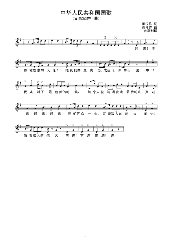 中华人民共和国国歌（线谱）其它曲谱（图1）