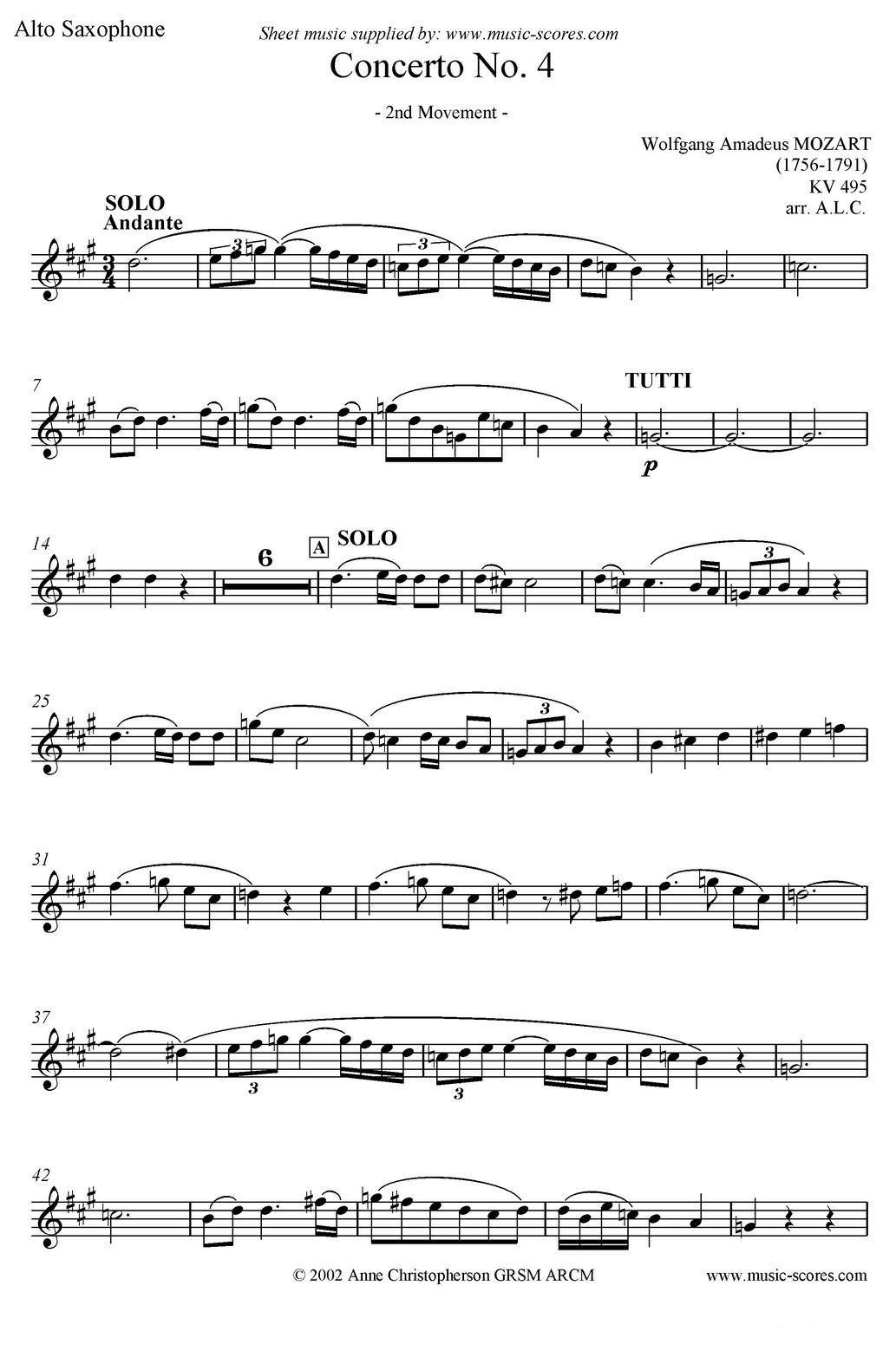 Mozart：Concerto KV495 No.4-2st（高音萨克斯）萨克斯曲谱（图1）