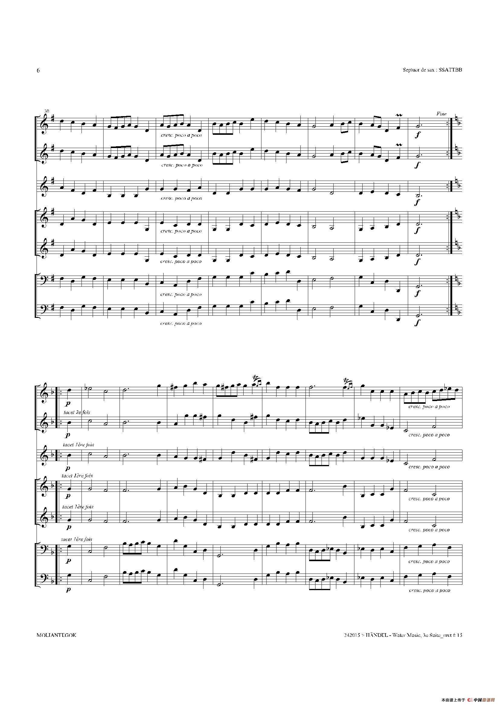 Water Music（HWV.350 No.3）（萨克斯合奏总谱）萨克斯曲谱（图5）