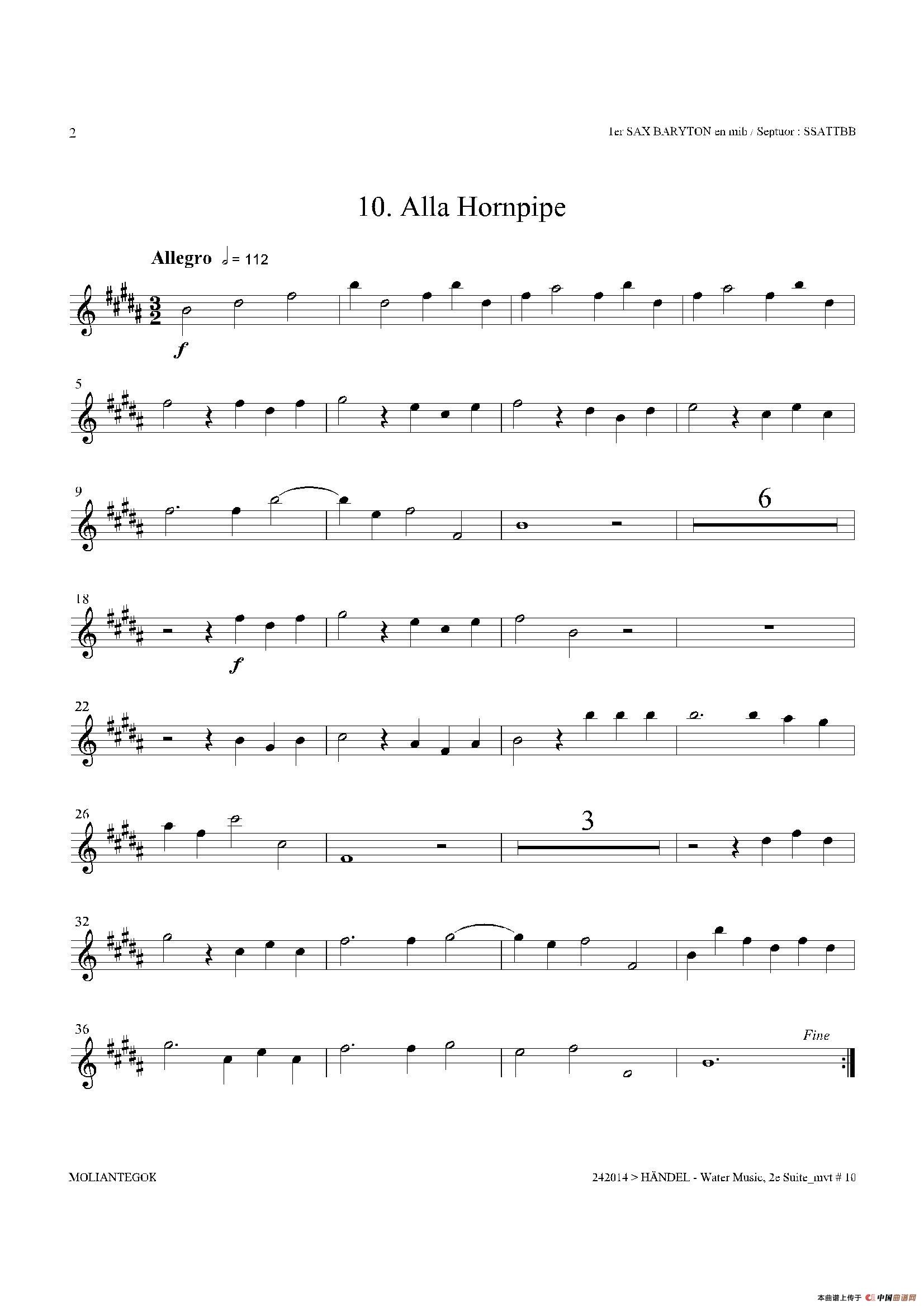 Water Music（HWV.349 No.2）（第一上低音萨克斯）萨克斯曲谱（图2）