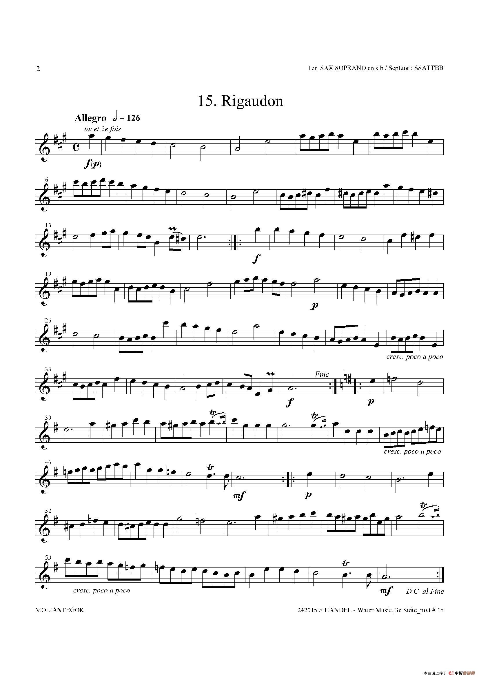 Water Music（HWV.350 No.3）（第一高音萨克斯）萨克斯曲谱（图2）