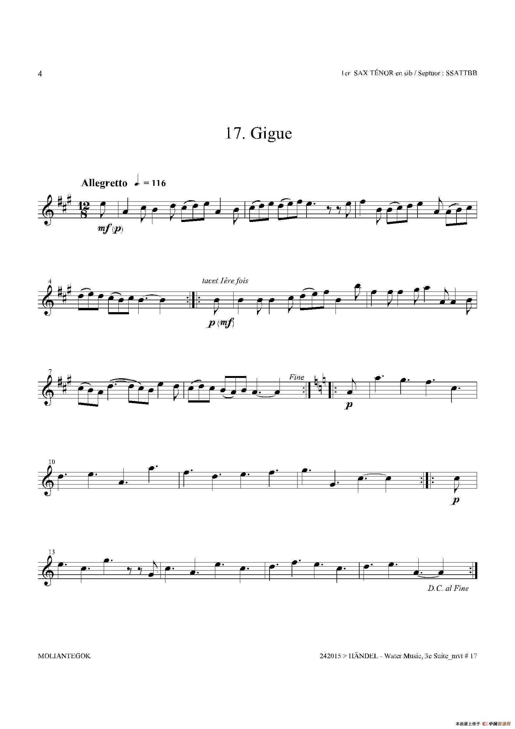 Water Music（HWV.350 No.3）（第一次中音萨克斯）萨克斯曲谱（图4）