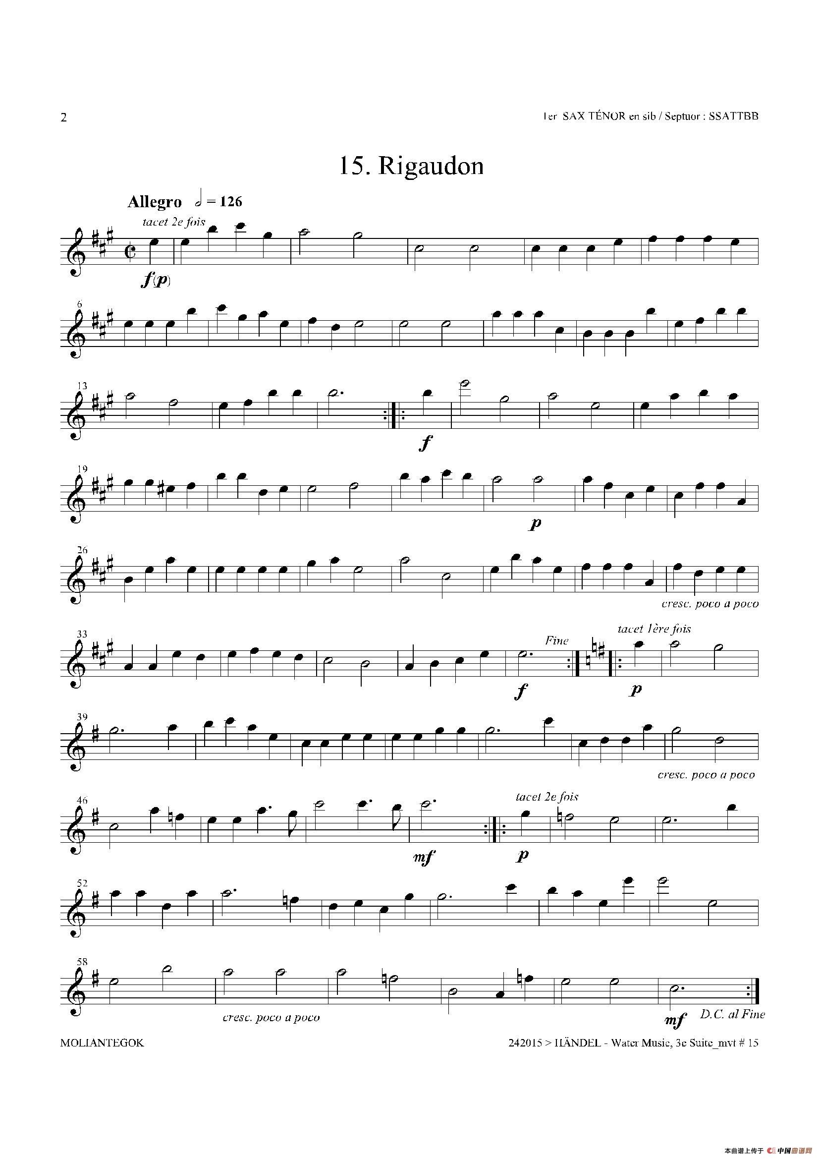 Water Music（HWV.350 No.3）（第一次中音萨克斯）萨克斯曲谱（图2）