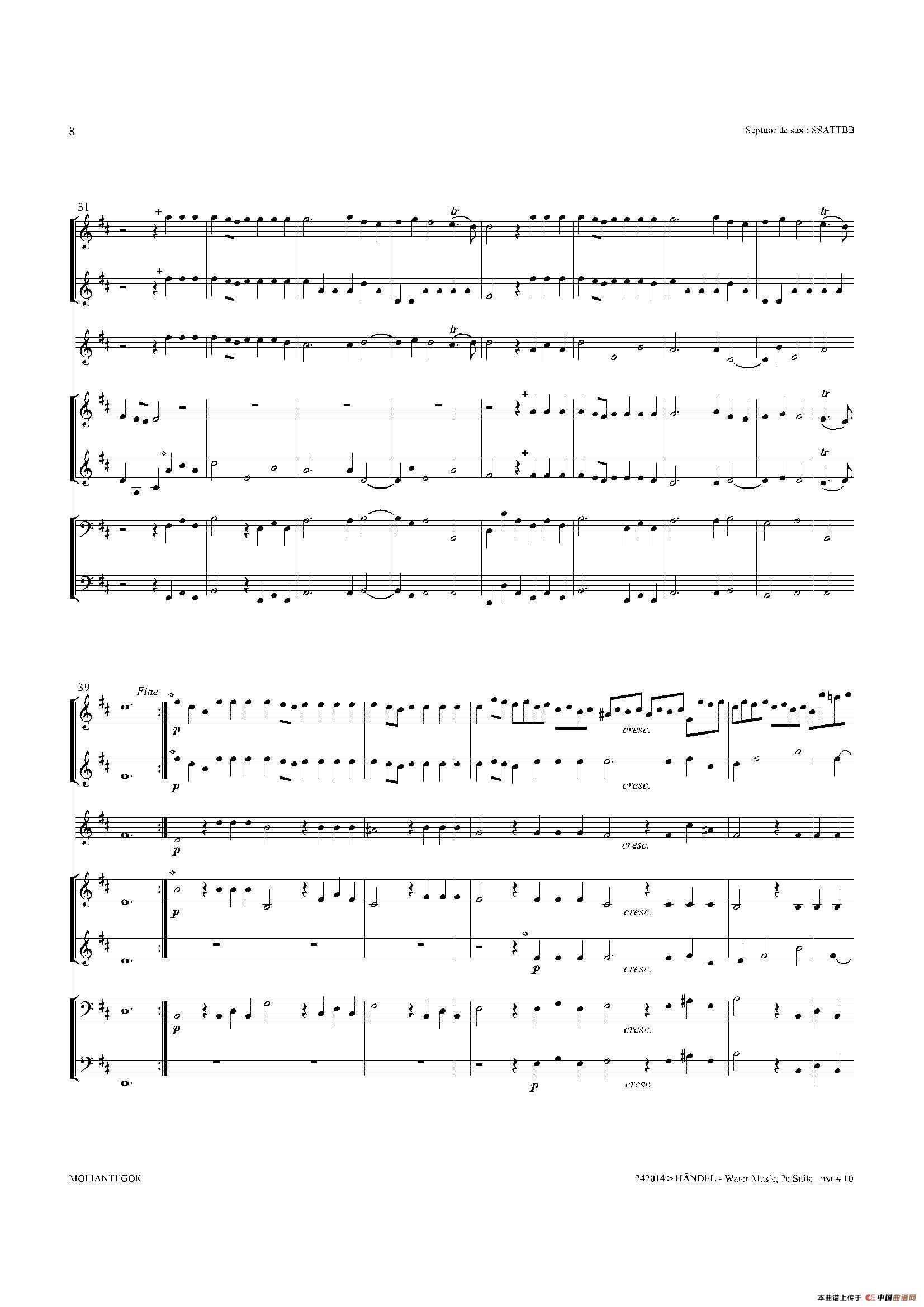 Water Music（HWV.349 No.2）（萨克斯合奏总谱）萨克斯曲谱（图7）