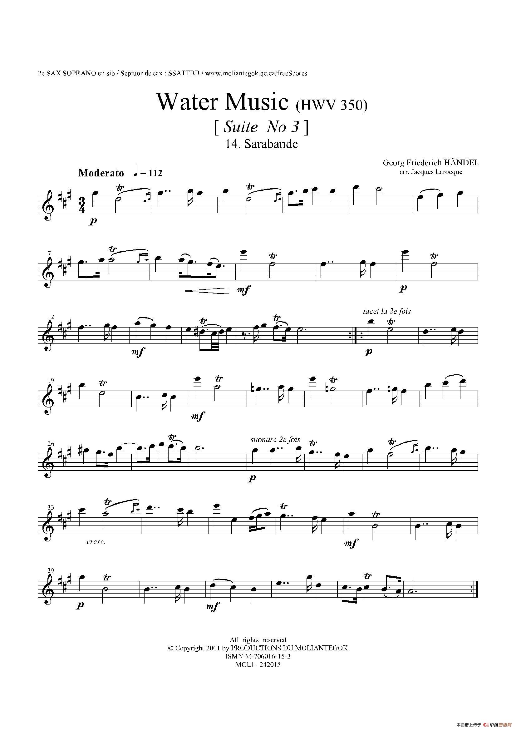 Water Music（HWV.350 No.3）（第二高音萨克斯）萨克斯曲谱（图1）