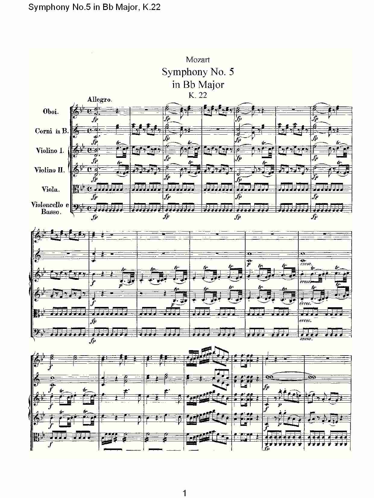 Bb大调第五交响曲K.22总谱（图1）