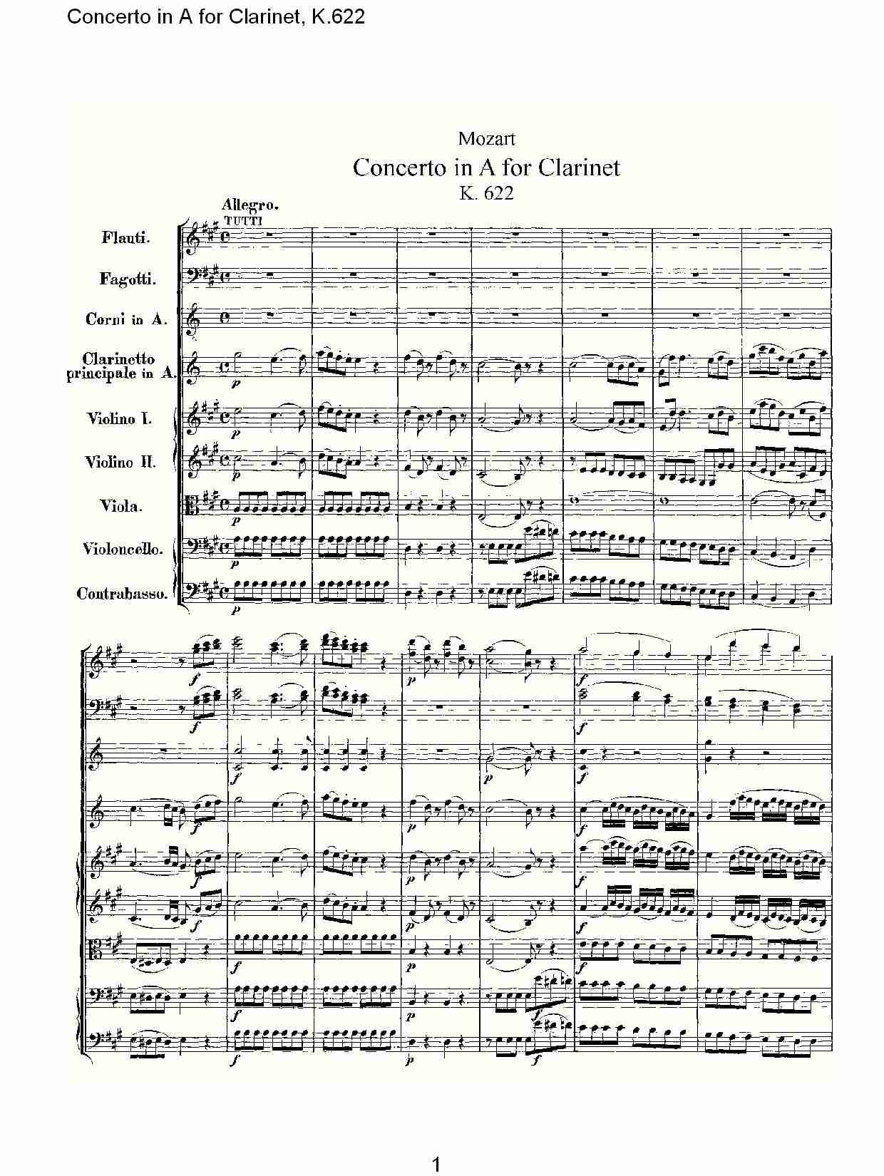 A调单簧管协奏曲, K.622（一）总谱（图1）