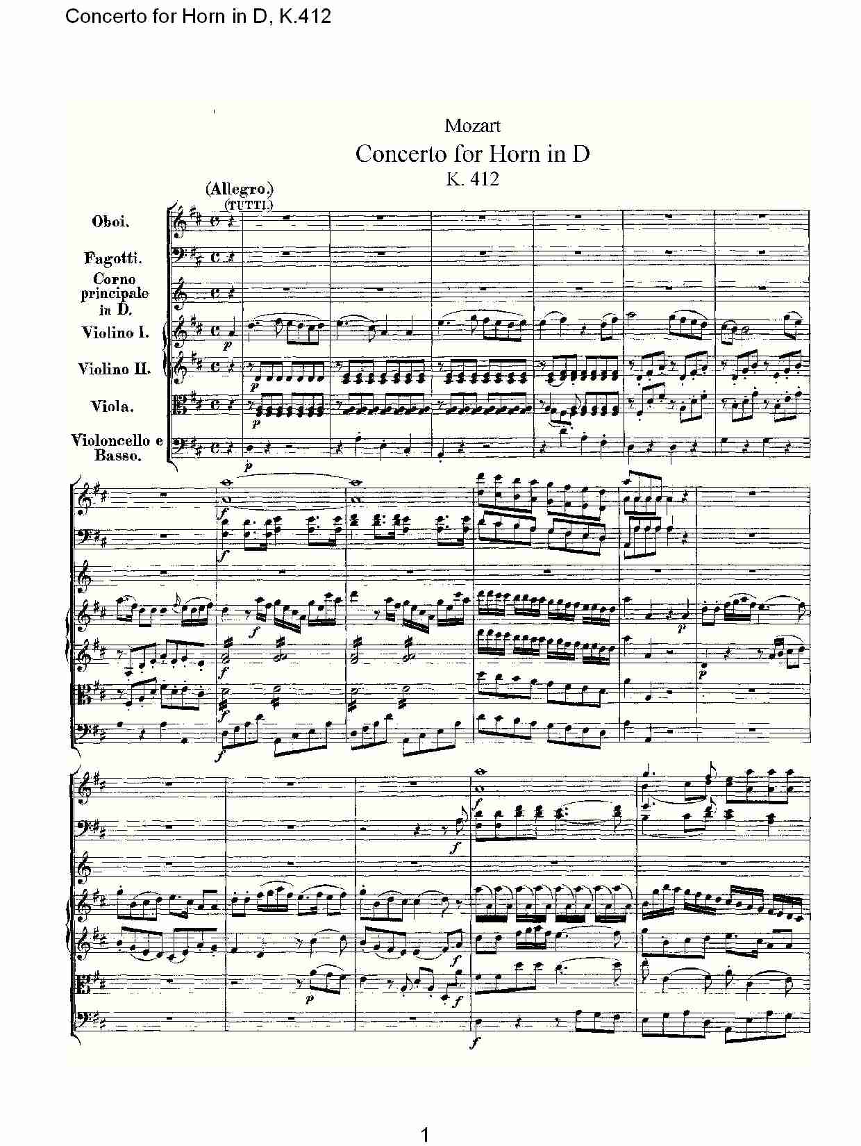 D调法国号协奏曲, K.412（一）总谱（图1）