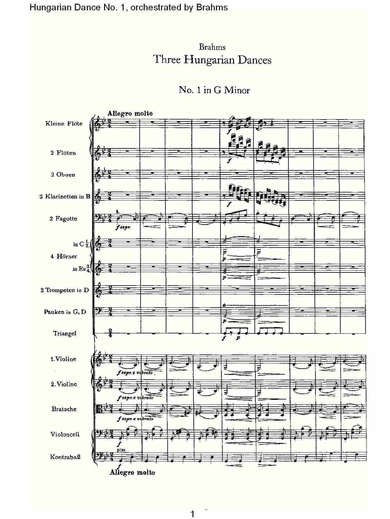 第一匈牙利舞曲 勃拉姆斯管弦乐曲式（一）总谱（图1）