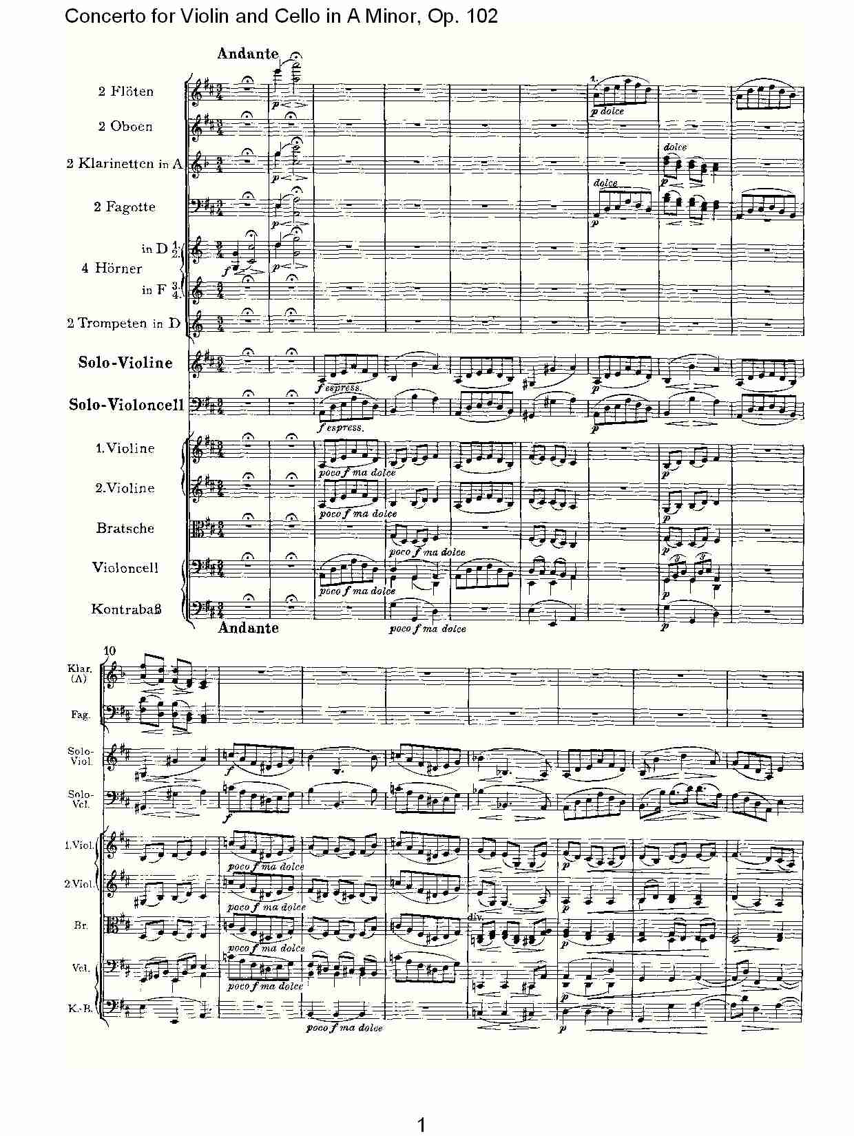 A小调小提琴与大提琴协奏曲, Op.102第二乐章（一）总谱（图1）
