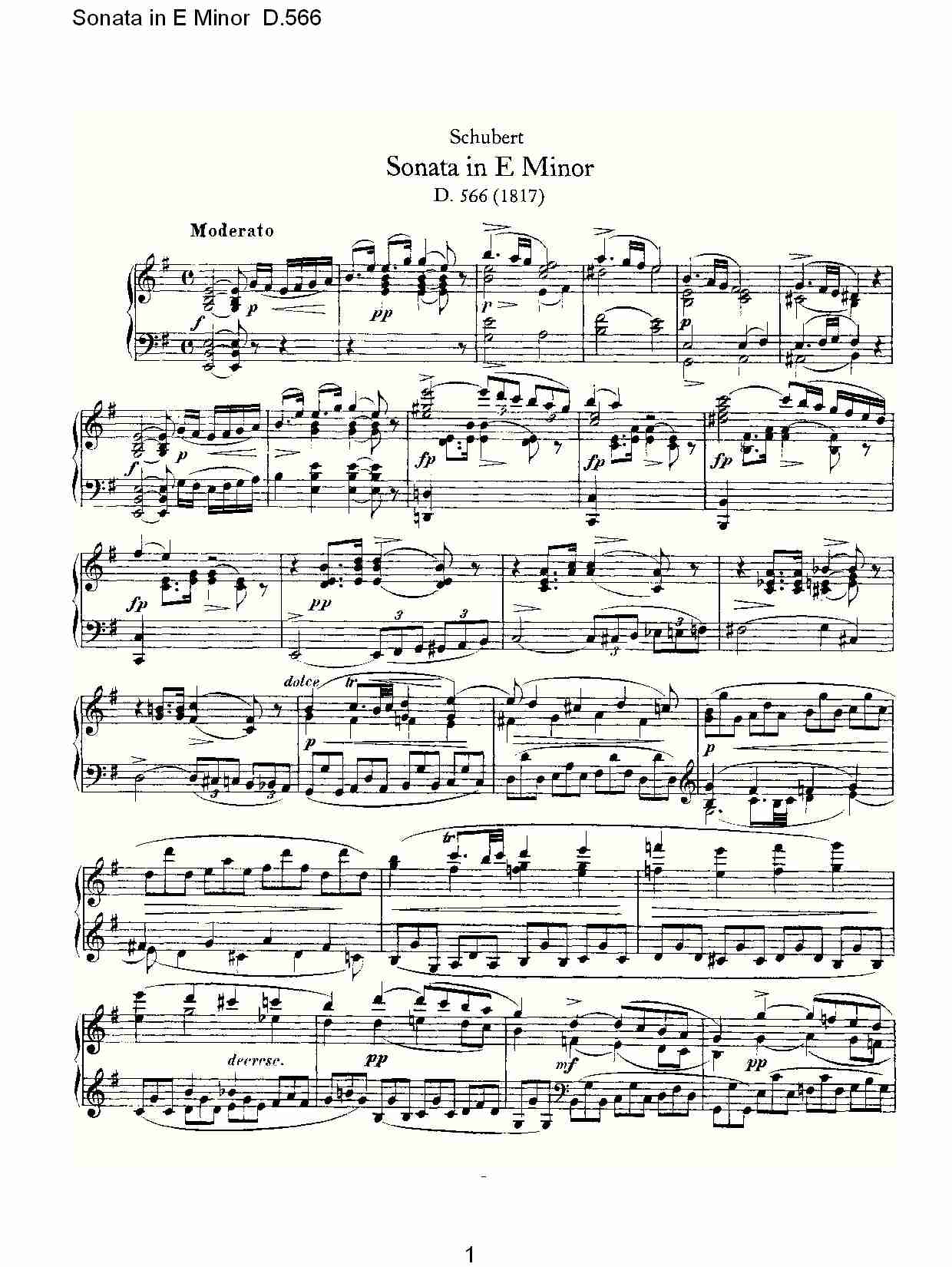 Sonata in E Minor D.566  E小调奏鸣曲D.566总谱（图1）