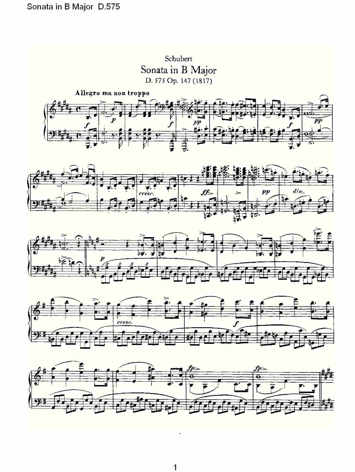 Sonata in B Major D.575 B大调奏鸣曲D.575（一）总谱（图1）