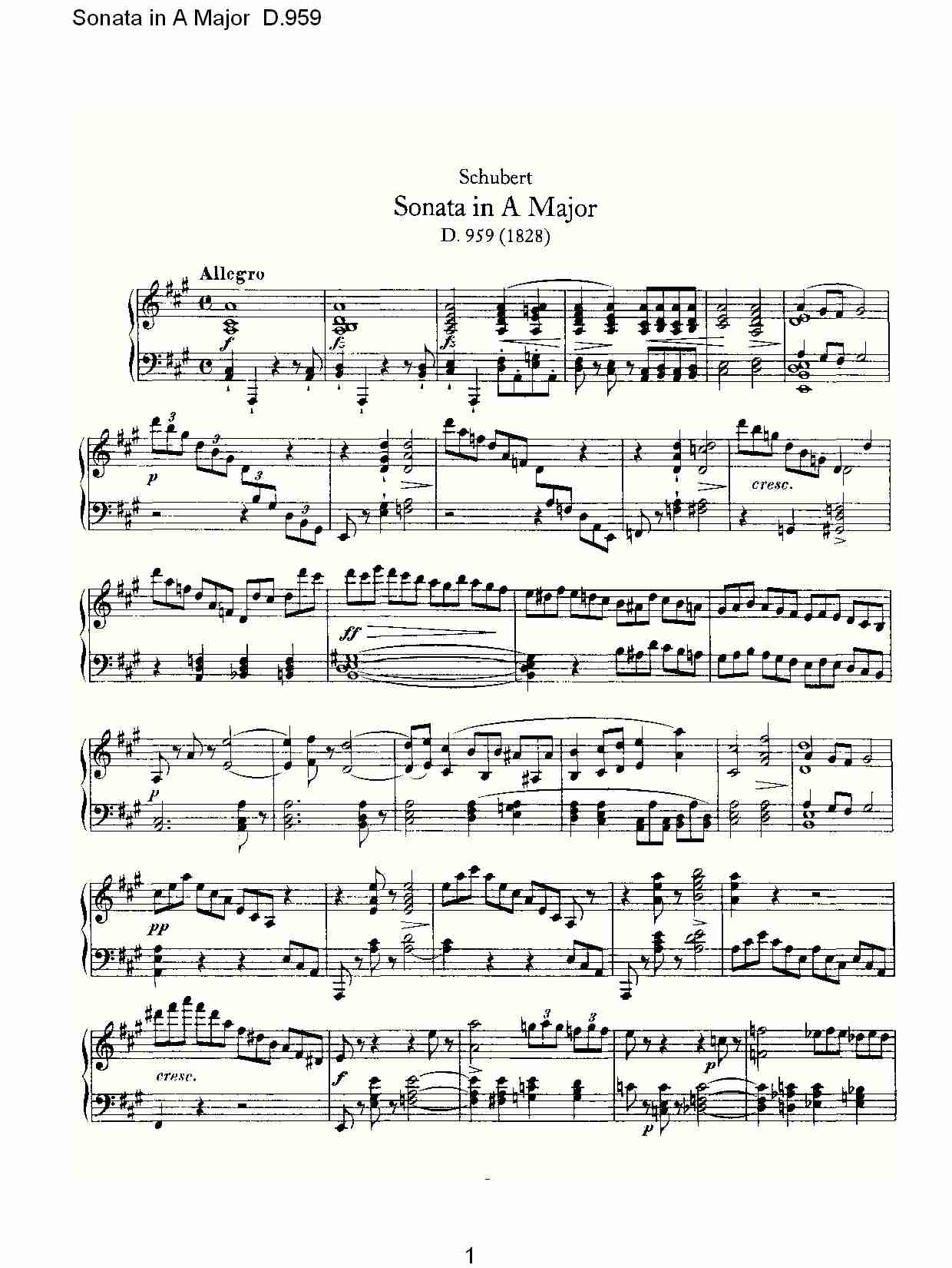 Sonata in A Major D.959  A大调奏鸣曲D.959（一）总谱（图1）