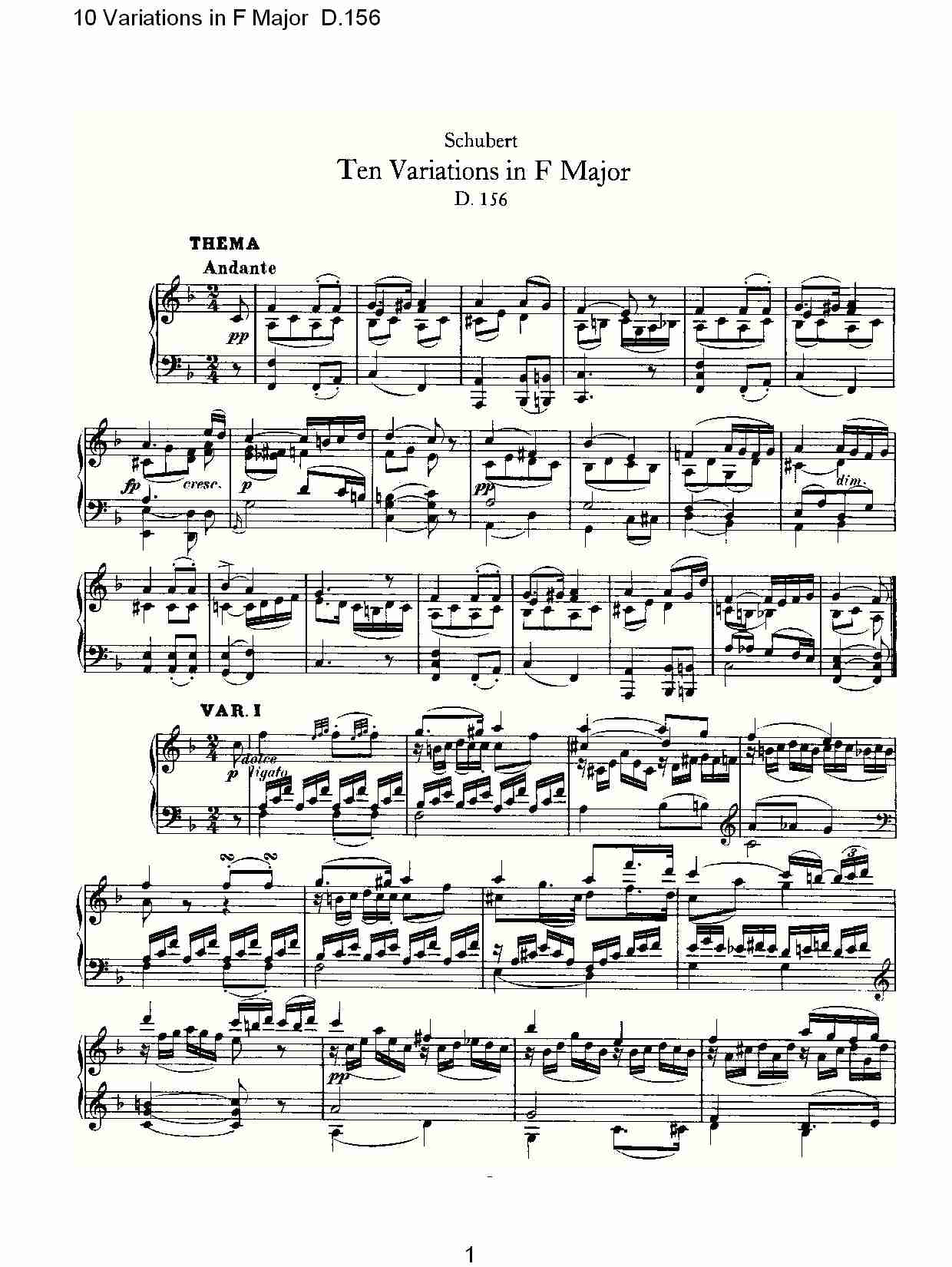 10 Variations in F Major D.156   F大调10变奏曲D.156（一）总谱（图1）