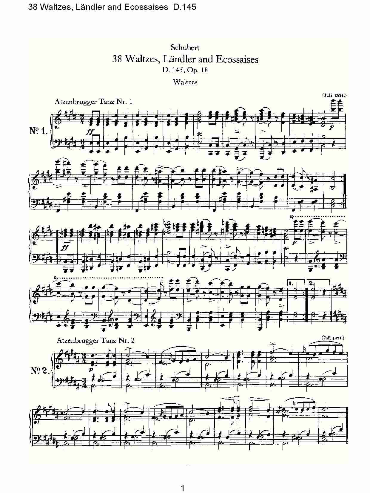 38华尔兹舞曲, Ländler and Ecossaises D.145（一）总谱（图1）