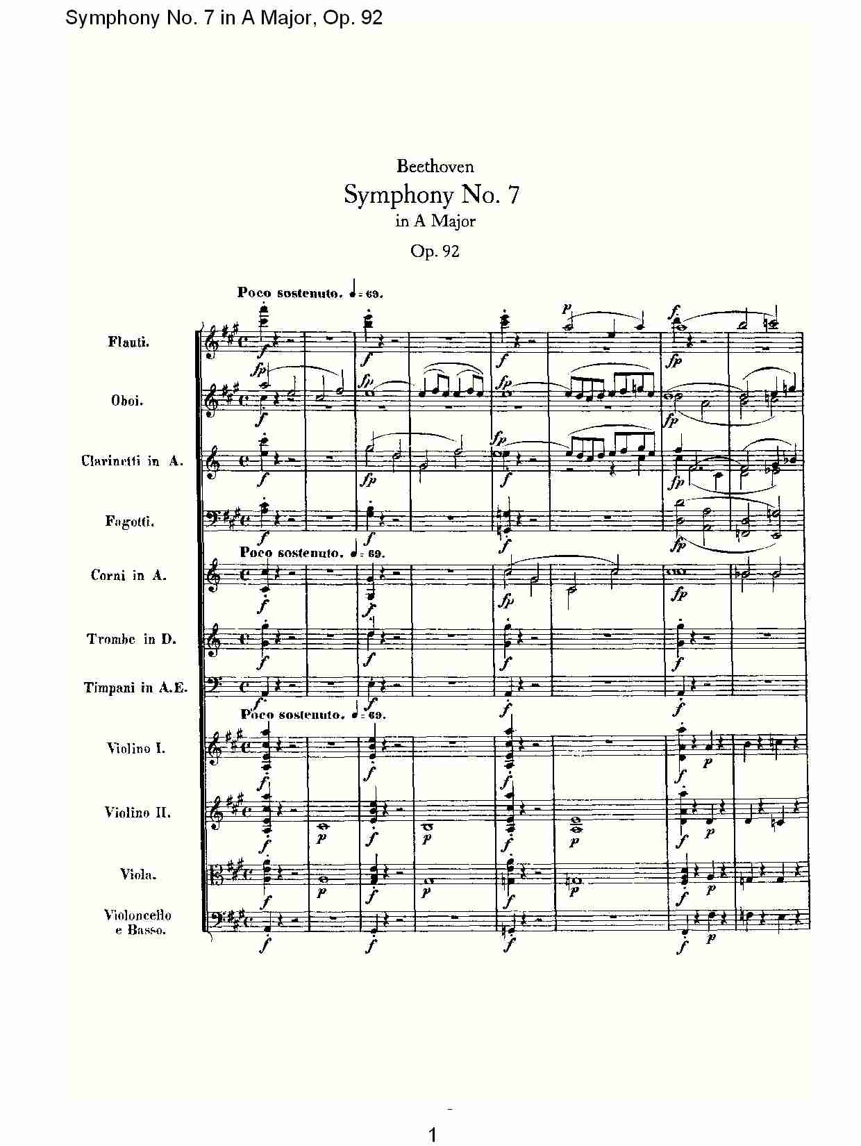 A大调第七交响曲 Op.92 第一乐章总谱（图1）