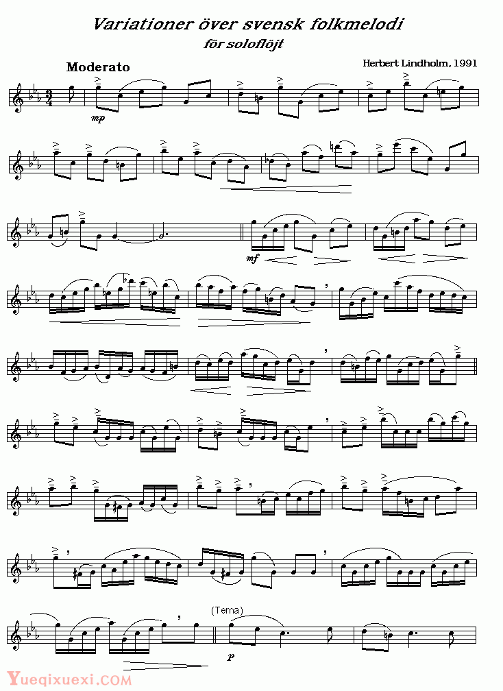 variationer over svensk folkmelodi, 一首芬兰民歌 适合于长笛独奏
